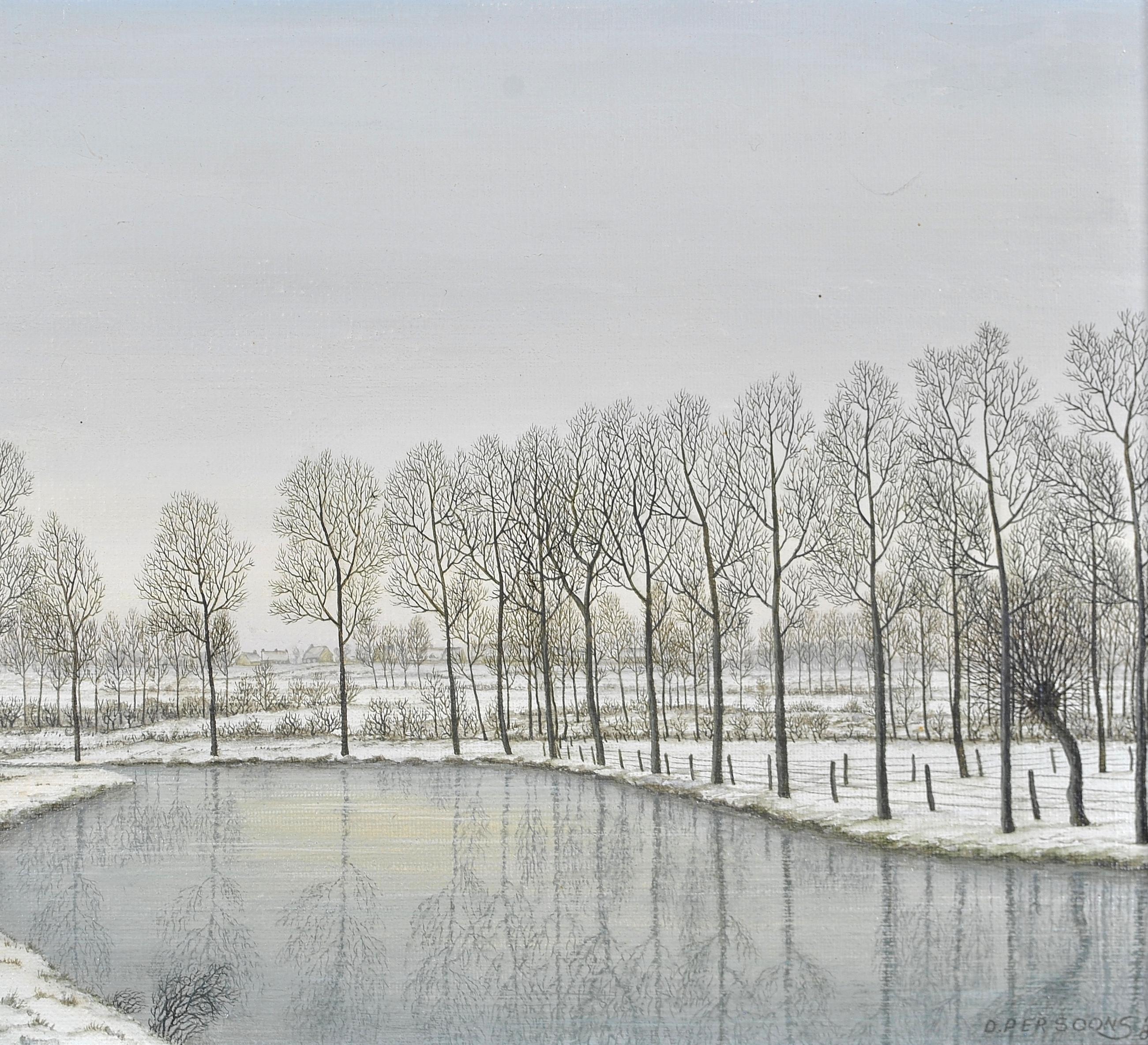 Une belle huile sur toile belge du 20e siècle représentant un paysage de rivière hivernale couverte de neige. 

Remarquable peinture de paysage dans le style Naif, signée D. Persoons '86 en bas à droite. Présenté dans un magnifique cadre à profil