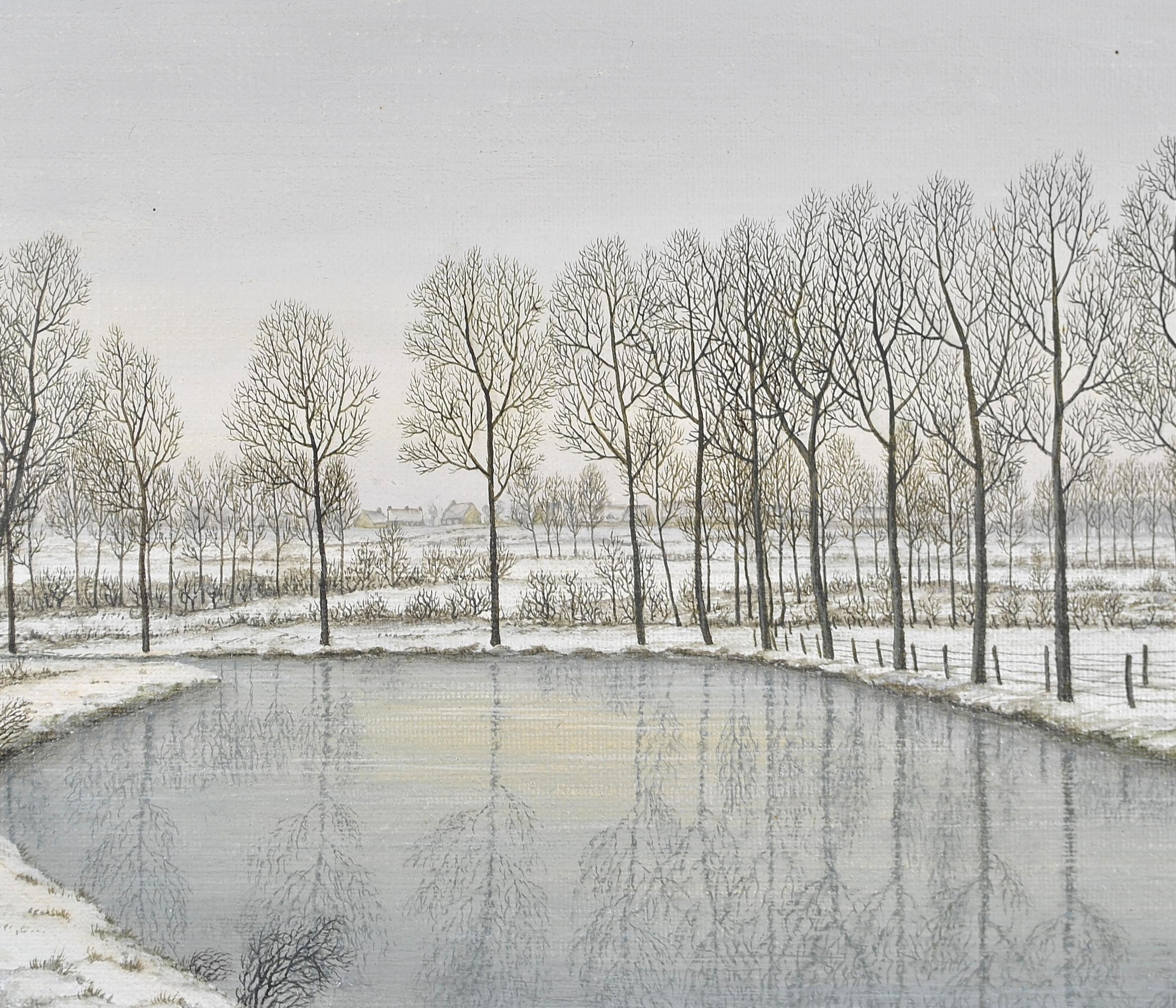 Paysage de rivière d'hiver - Peinture naïve belge du 20e siècle représentant un paysage de rivière des neiges en vente 1