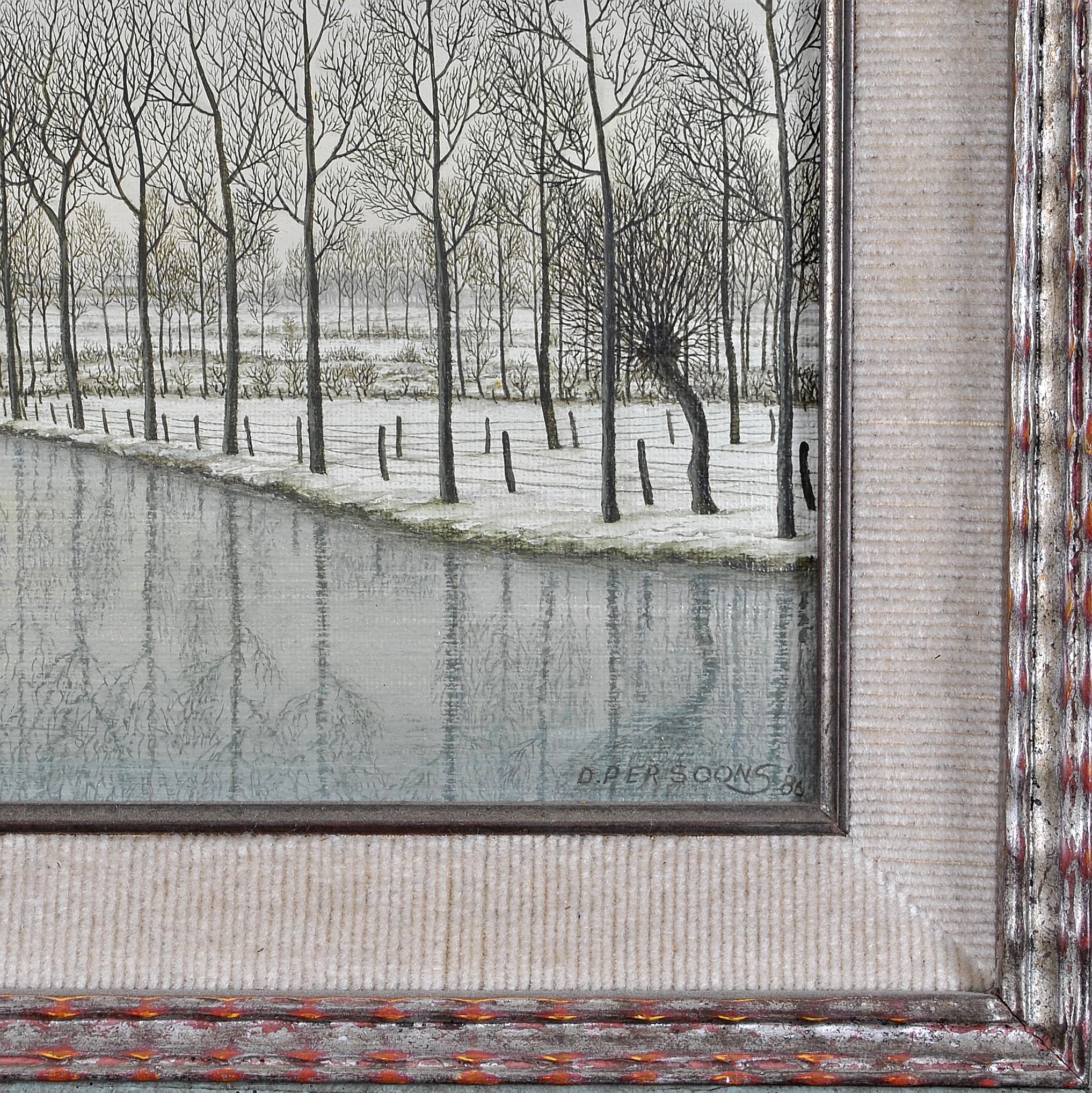 Paysage de rivière d'hiver - Peinture naïve belge du 20e siècle représentant un paysage de rivière des neiges en vente 2