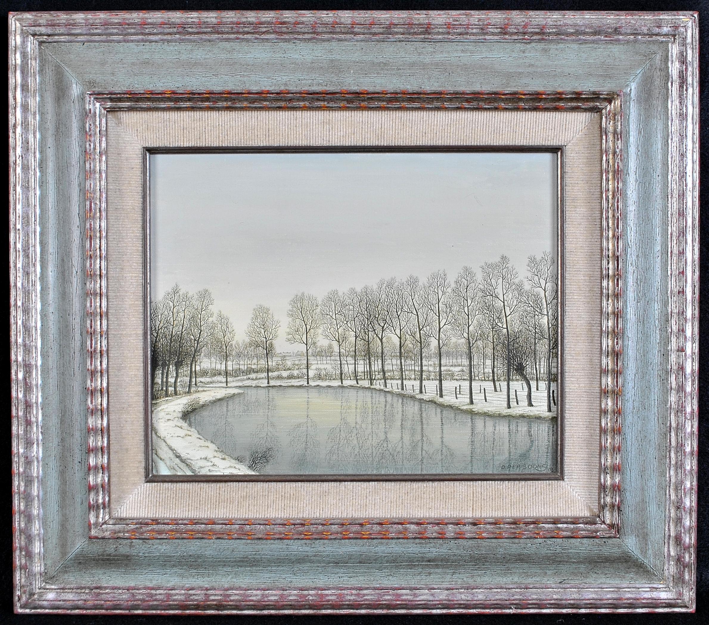 Landscape Painting 20th Century Belgian School - Paysage de rivière d'hiver - Peinture naïve belge du 20e siècle représentant un paysage de rivière des neiges