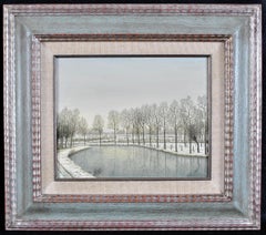 Winter River Landscape - 20th Century Belgian Naif Snow River Landscape Painting