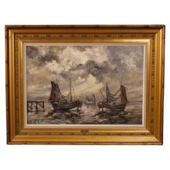 Antique 20th Century Belgian Signed Oil on Canvas Impressionist Seascape Painting, 1960