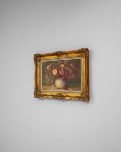 20th Century Belgian Still Life Bouquet Painting in Wooden Frame