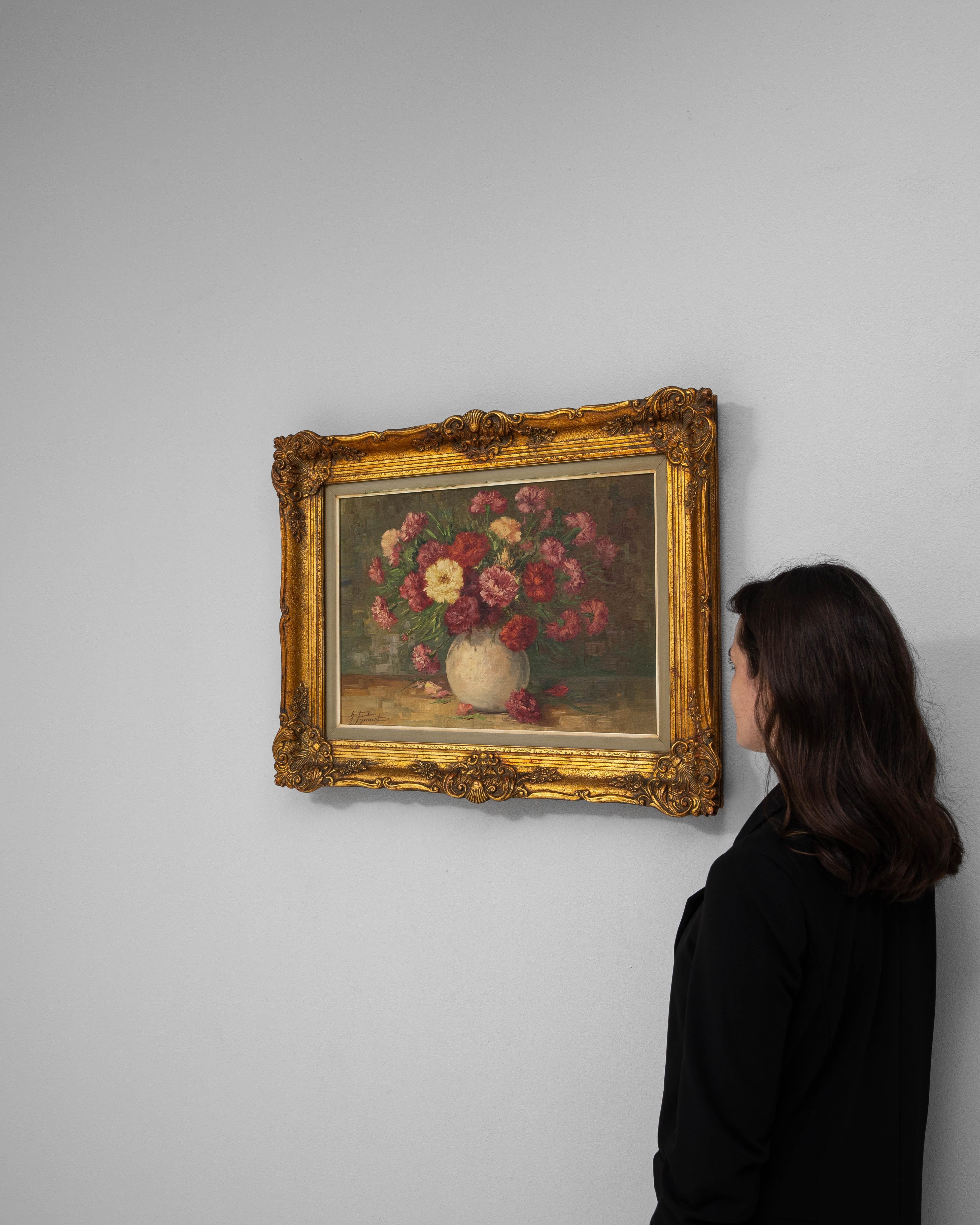 Belge Nature morte belge du 20e siècle avec bouquet dans un cadre en bois en vente