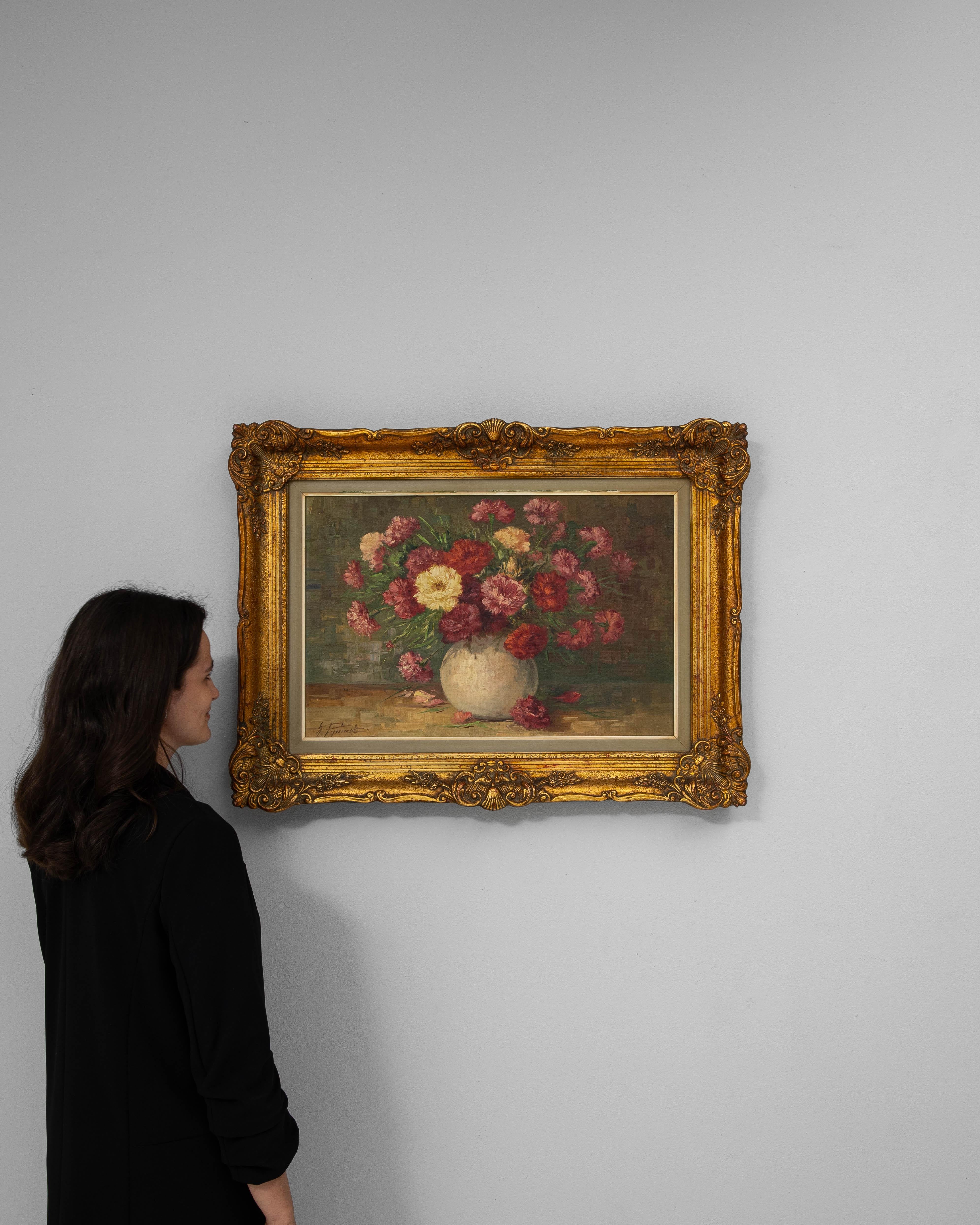 20ième siècle Nature morte belge du 20e siècle avec bouquet dans un cadre en bois en vente