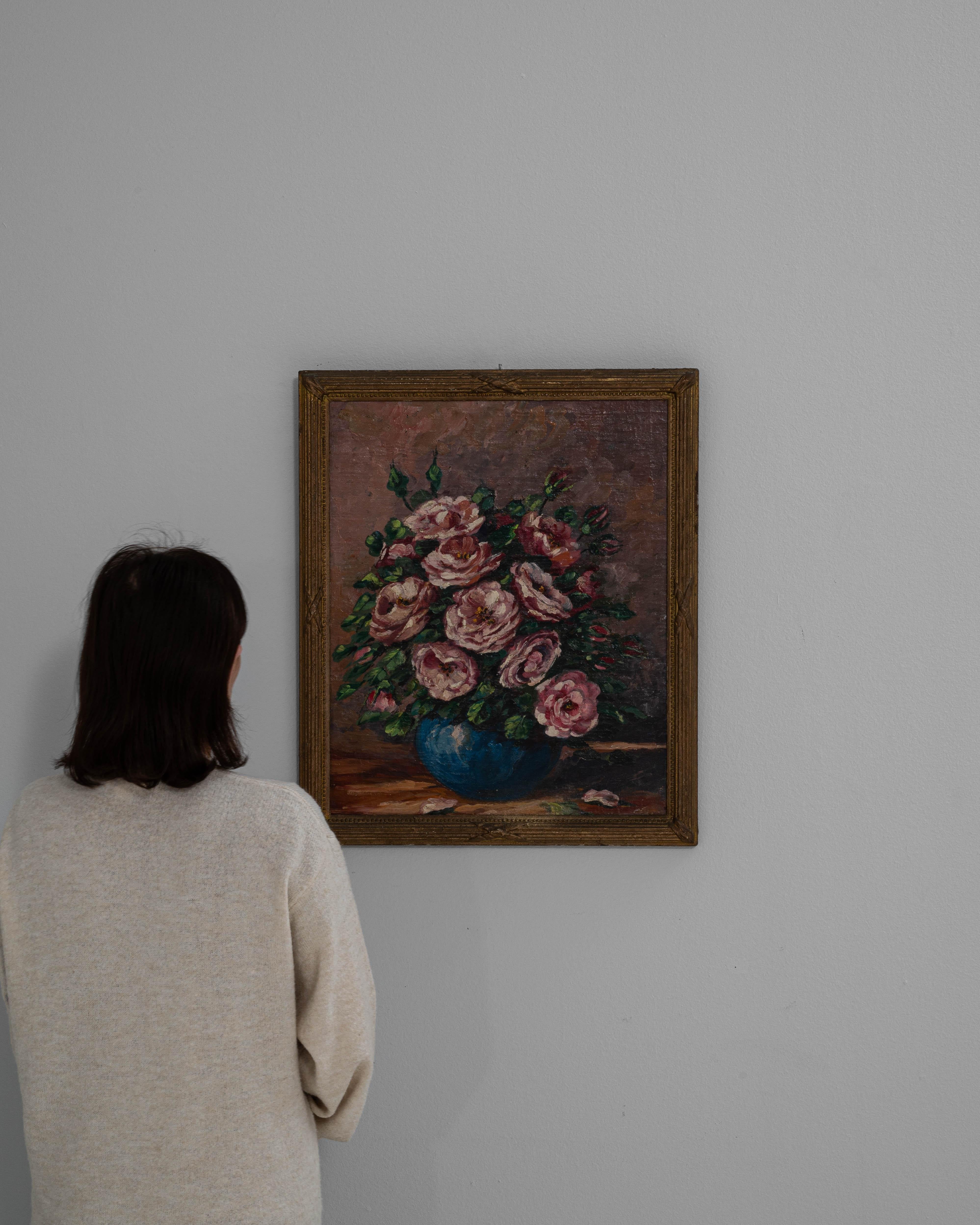 Belga 20th Century Belgian Still Life Camellia Painting With Wooden Frame in vendita