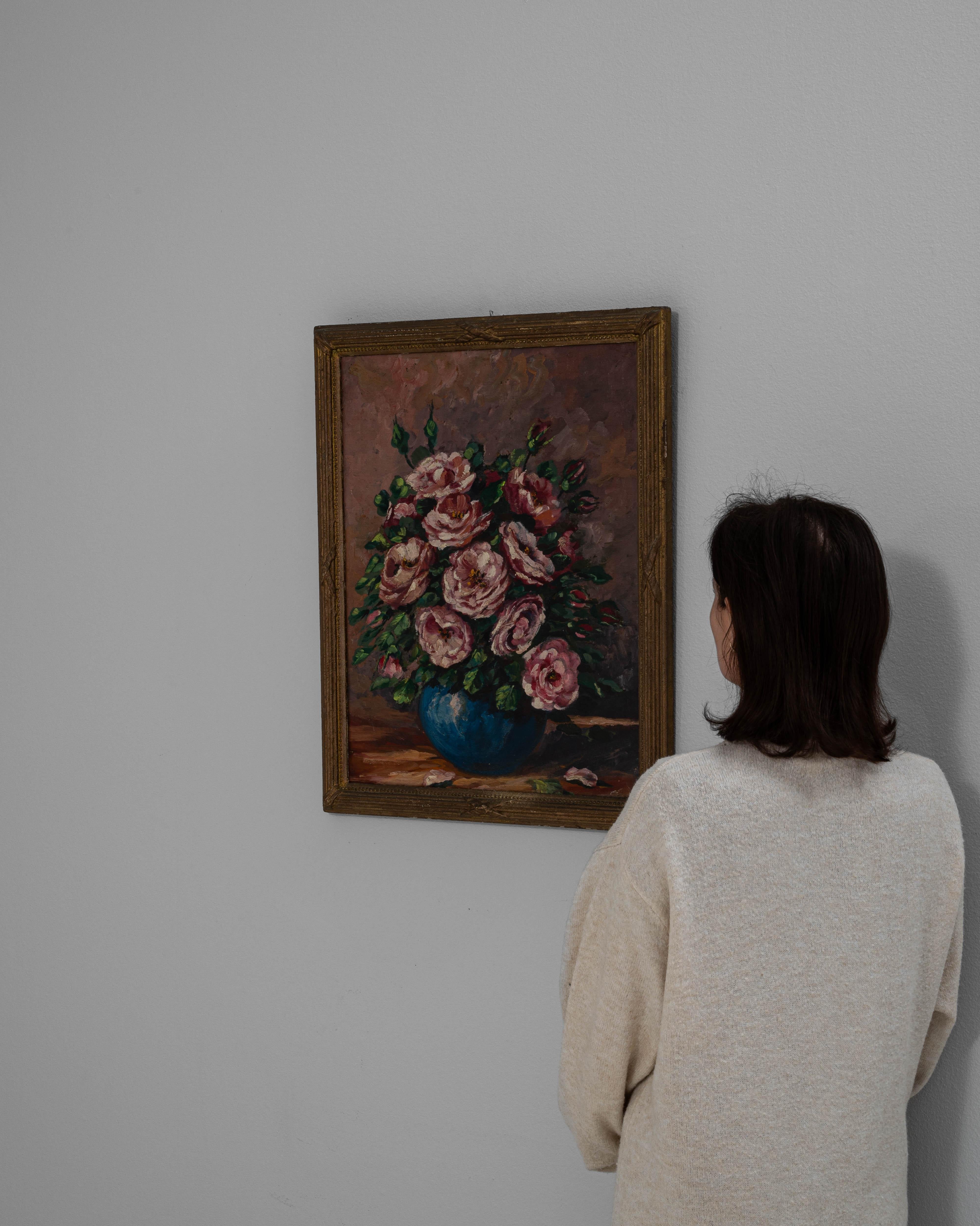 XX secolo 20th Century Belgian Still Life Camellia Painting With Wooden Frame in vendita