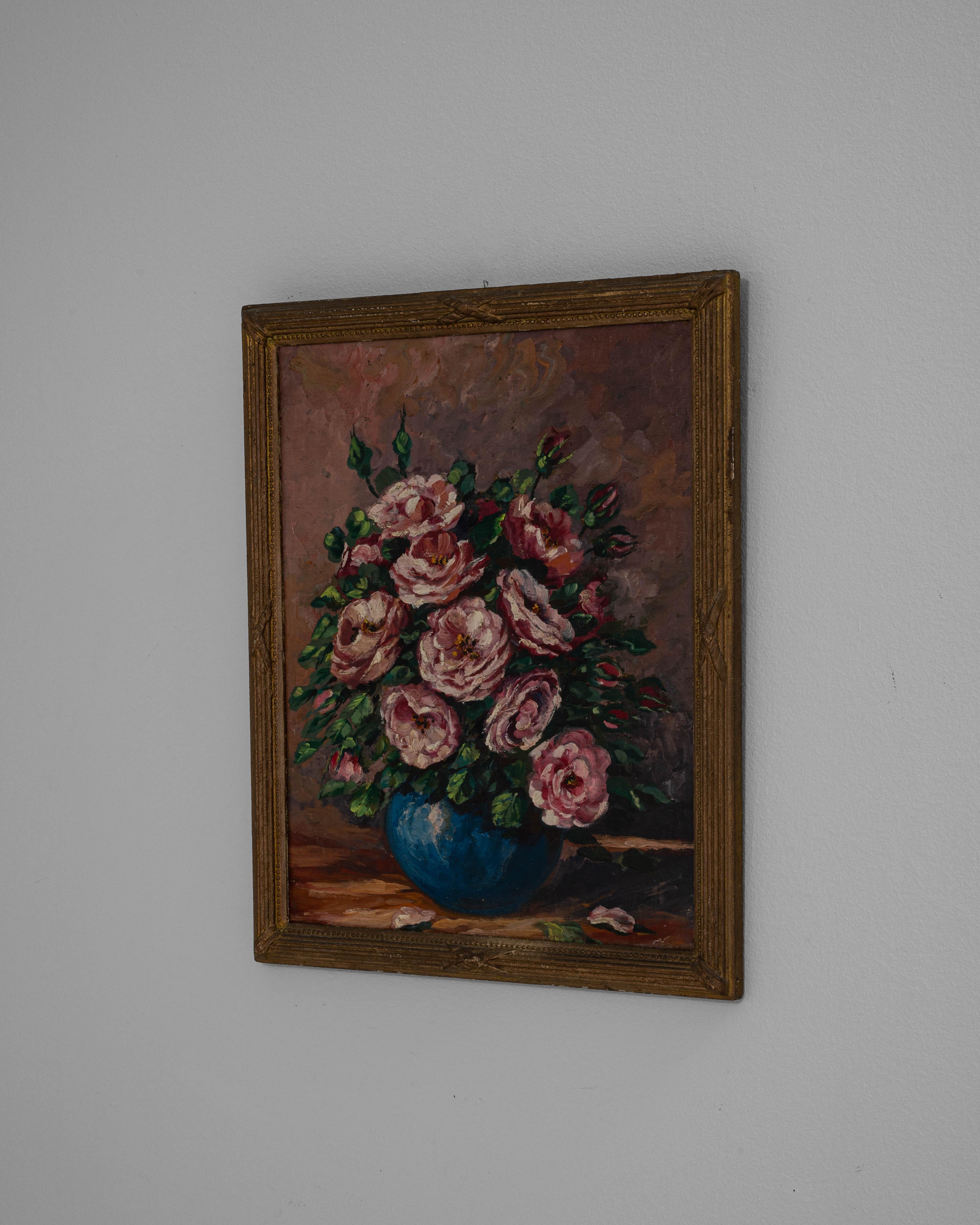 Legno 20th Century Belgian Still Life Camellia Painting With Wooden Frame in vendita