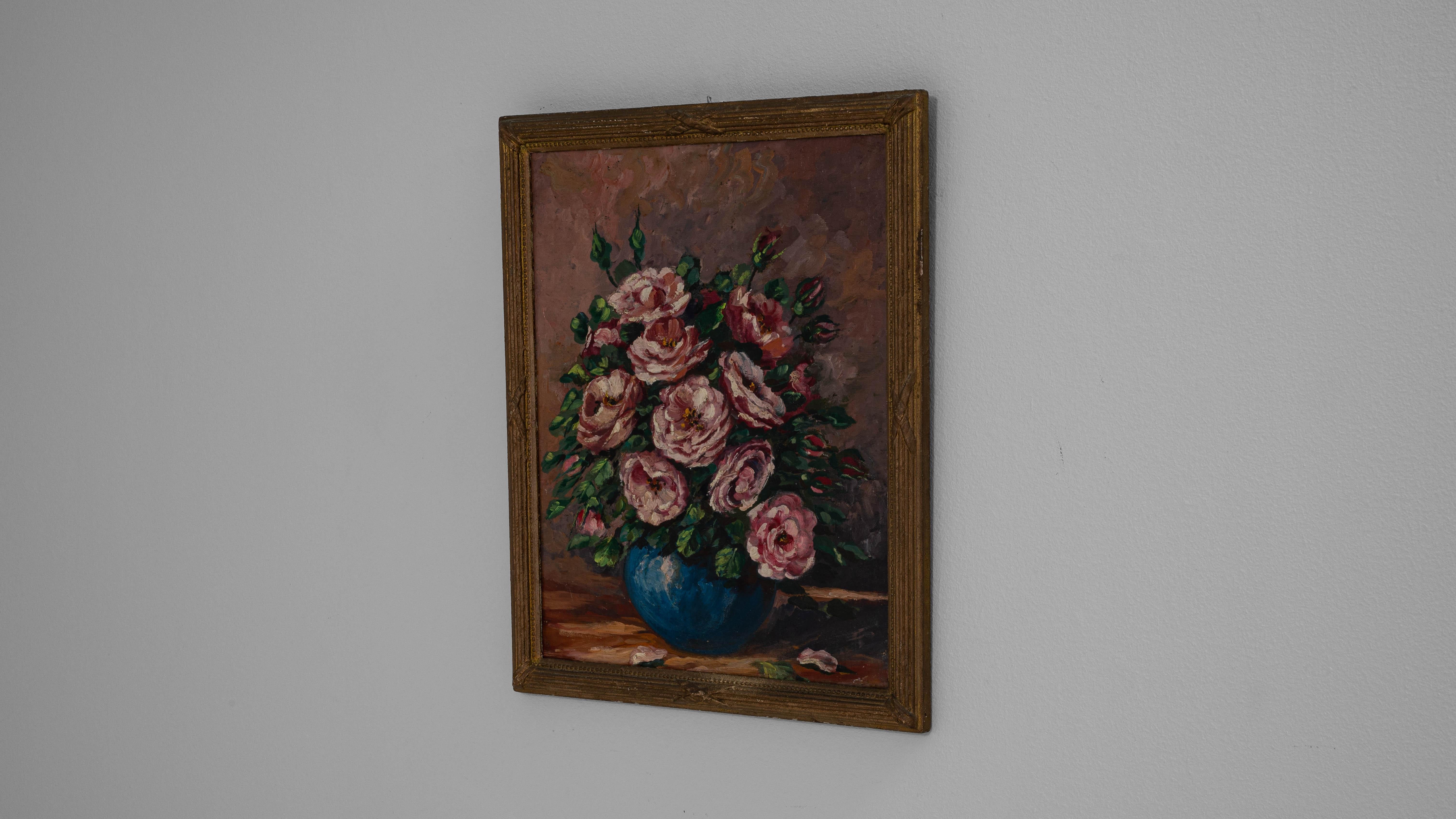 20th Century Belgian Still Life Camellia Painting With Wooden Frame in vendita 1