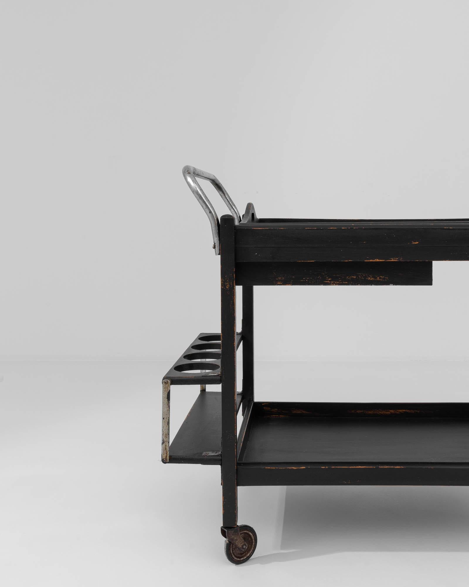 20th Century Belgian Wood Black Patinated Bar Cart on Wheels  1
