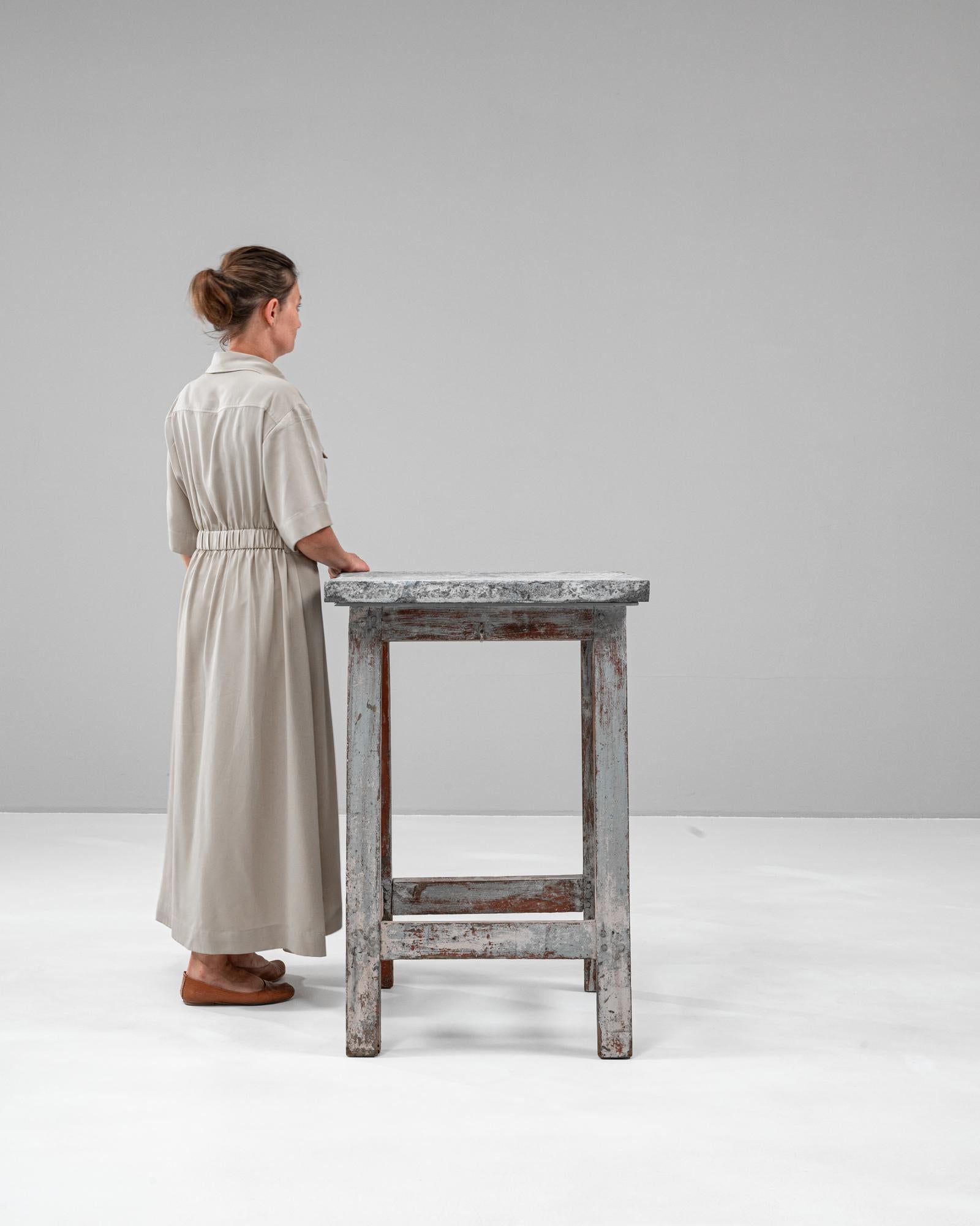 20th Century Belgian Wood Patinated Side Table With Belgian Bluestone Top In Good Condition In High Point, NC
