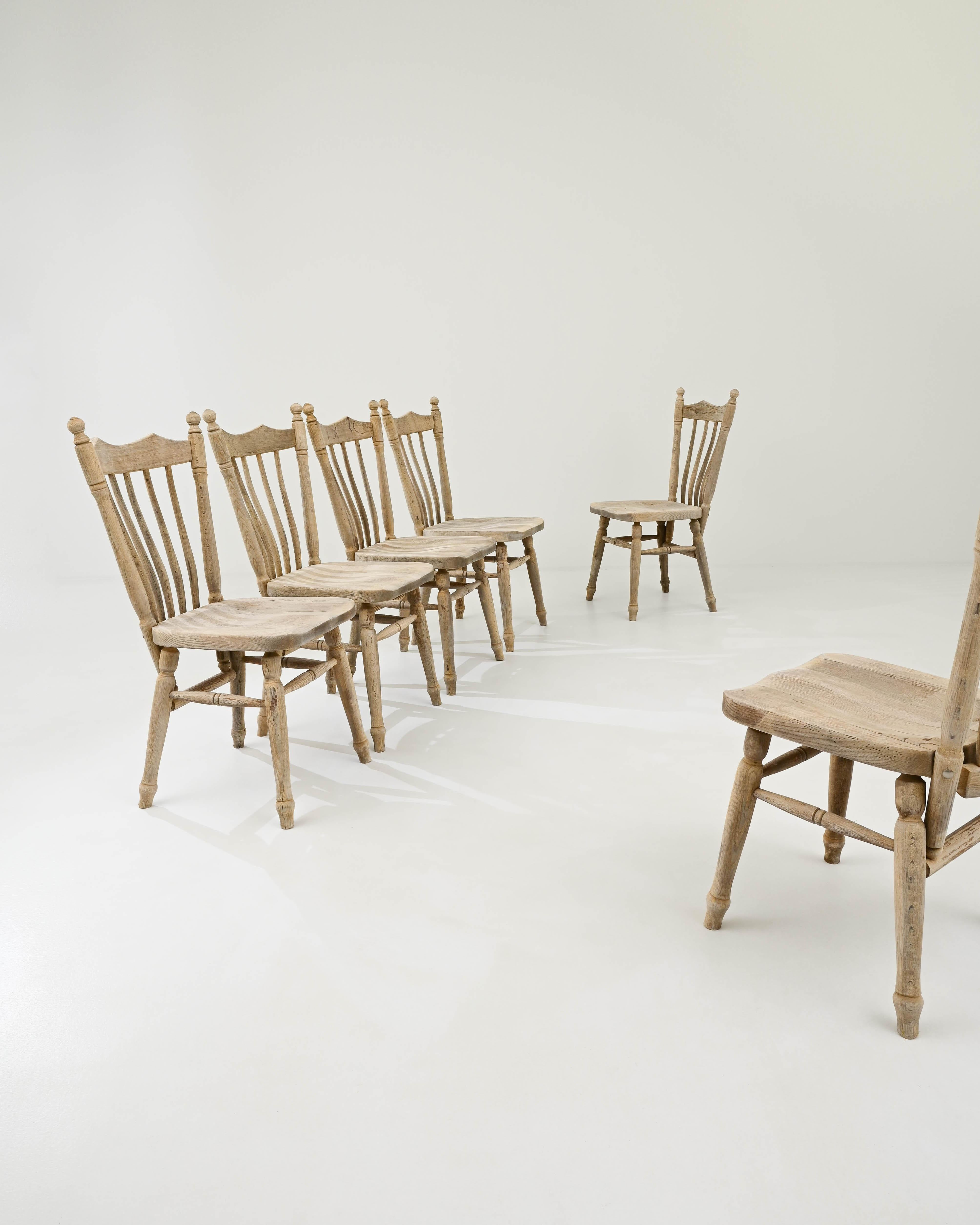 Bleached 20th Century Belgian Wooden Dining Chairs, Set of Six For Sale