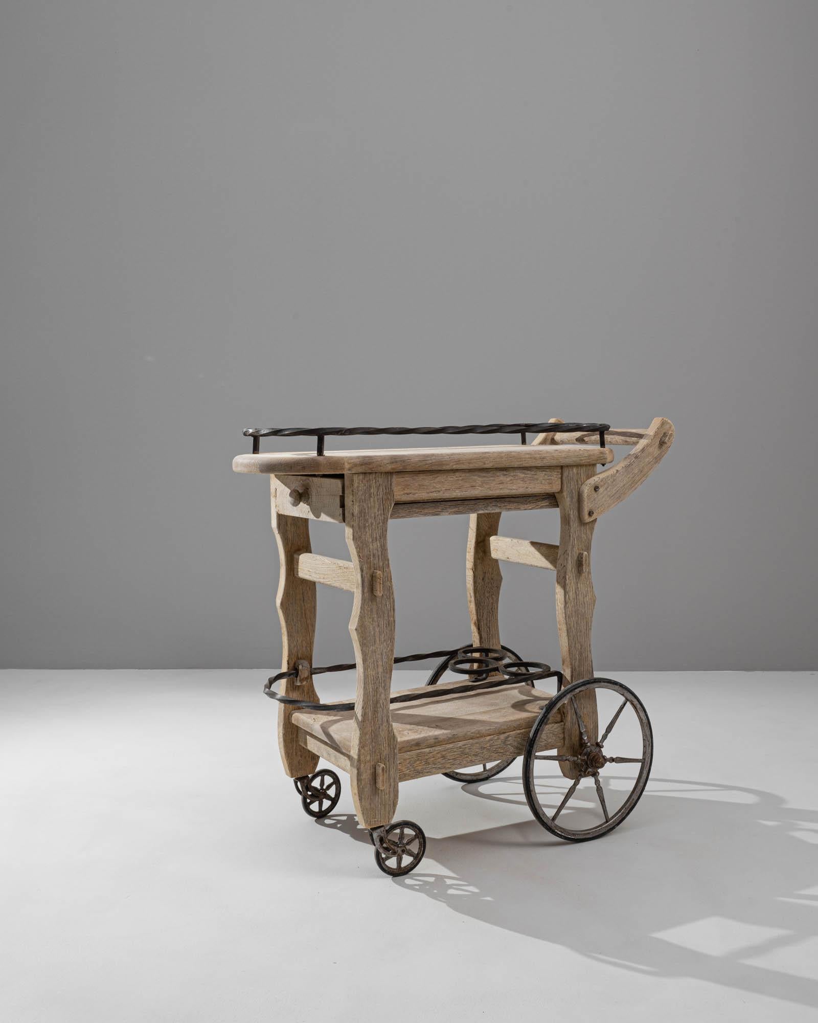 Bleached 20th Century Belgian Wrought Iron and Oak Bar Cart 