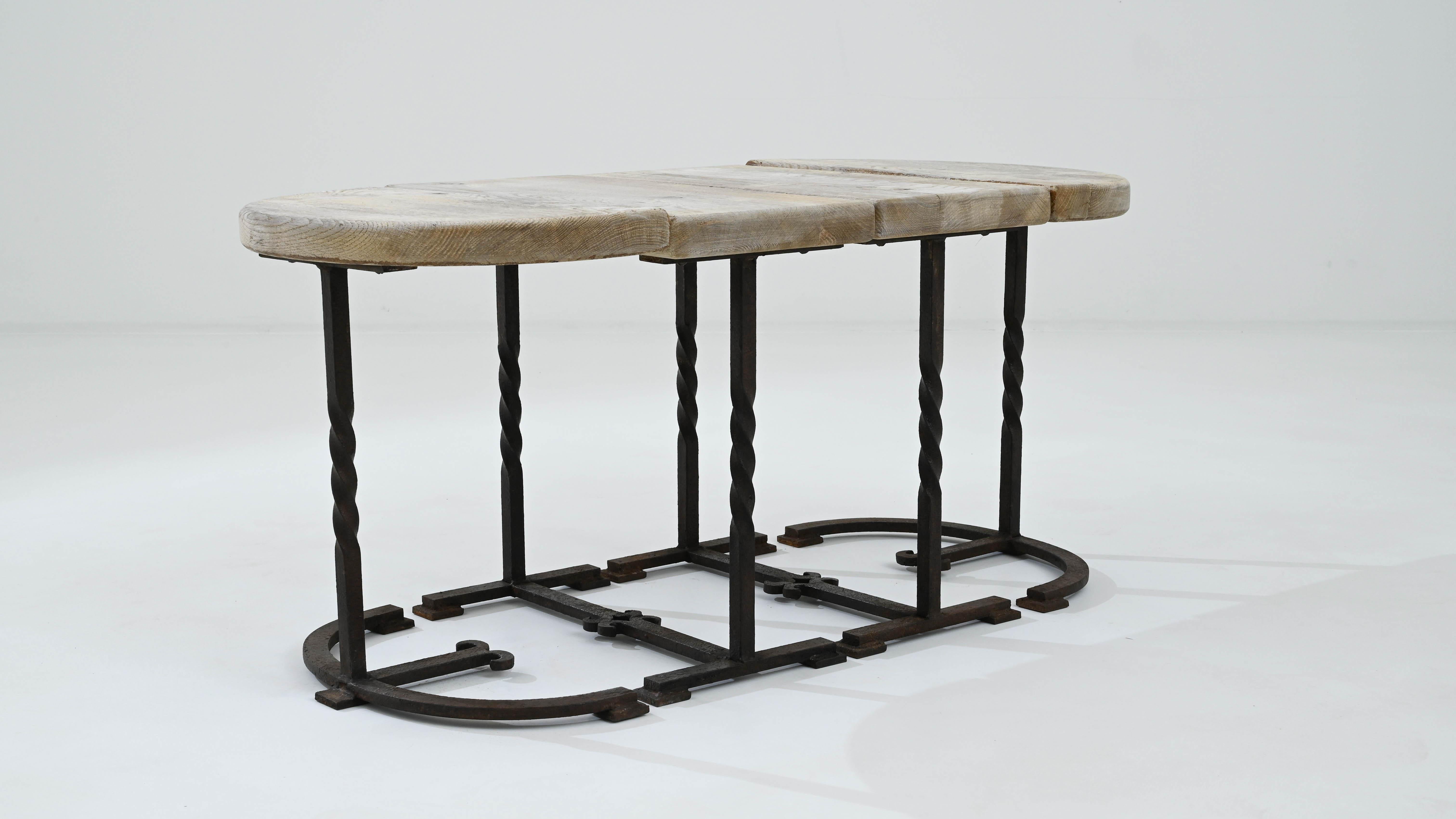 20th Century Belgian Wrought Iron and Oak Coffee Table, Set of Four  3
