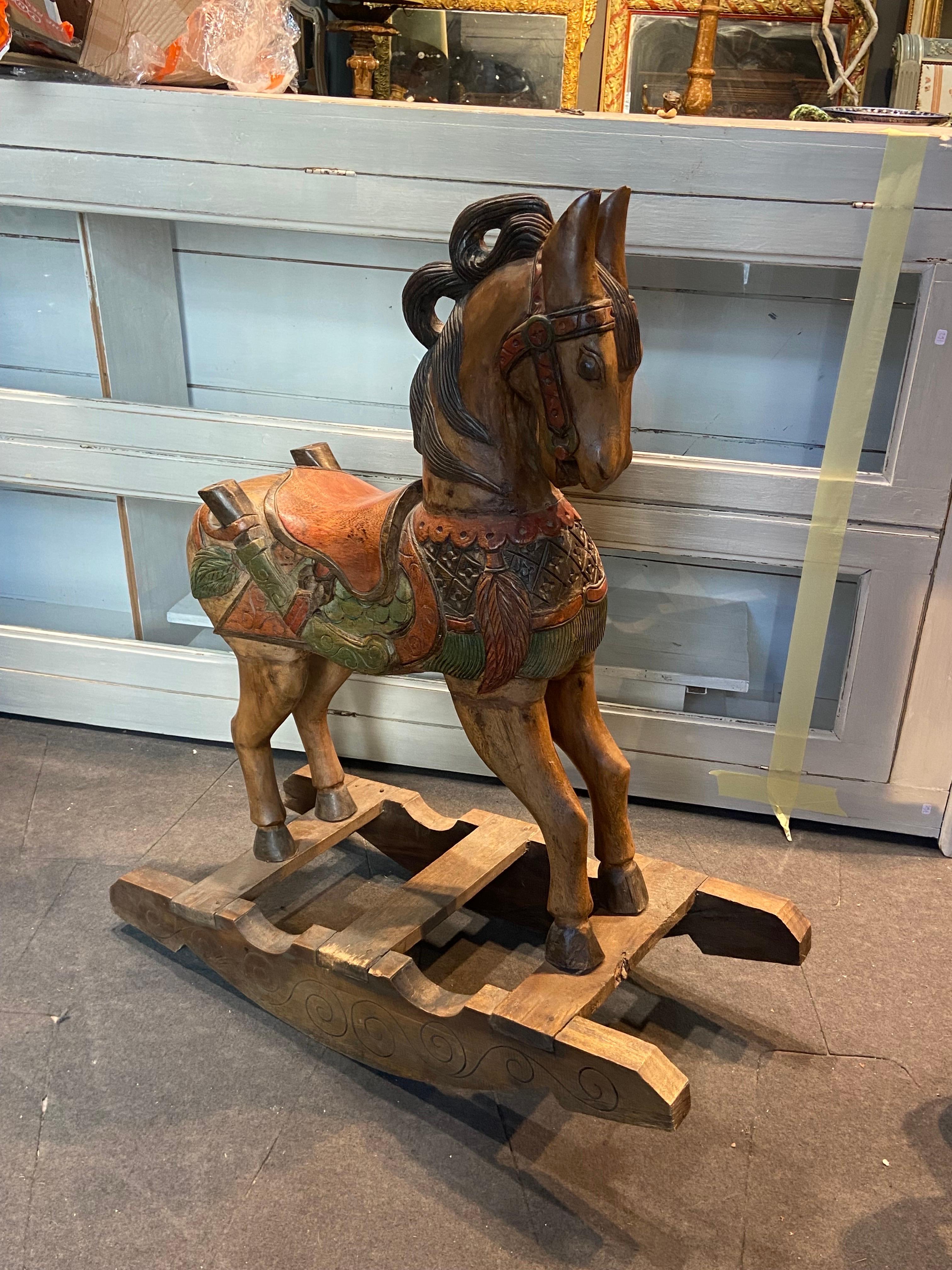 20th Century Belgium Wooden Hand Carved and Hand Painted Child's Rocking Horse For Sale 5
