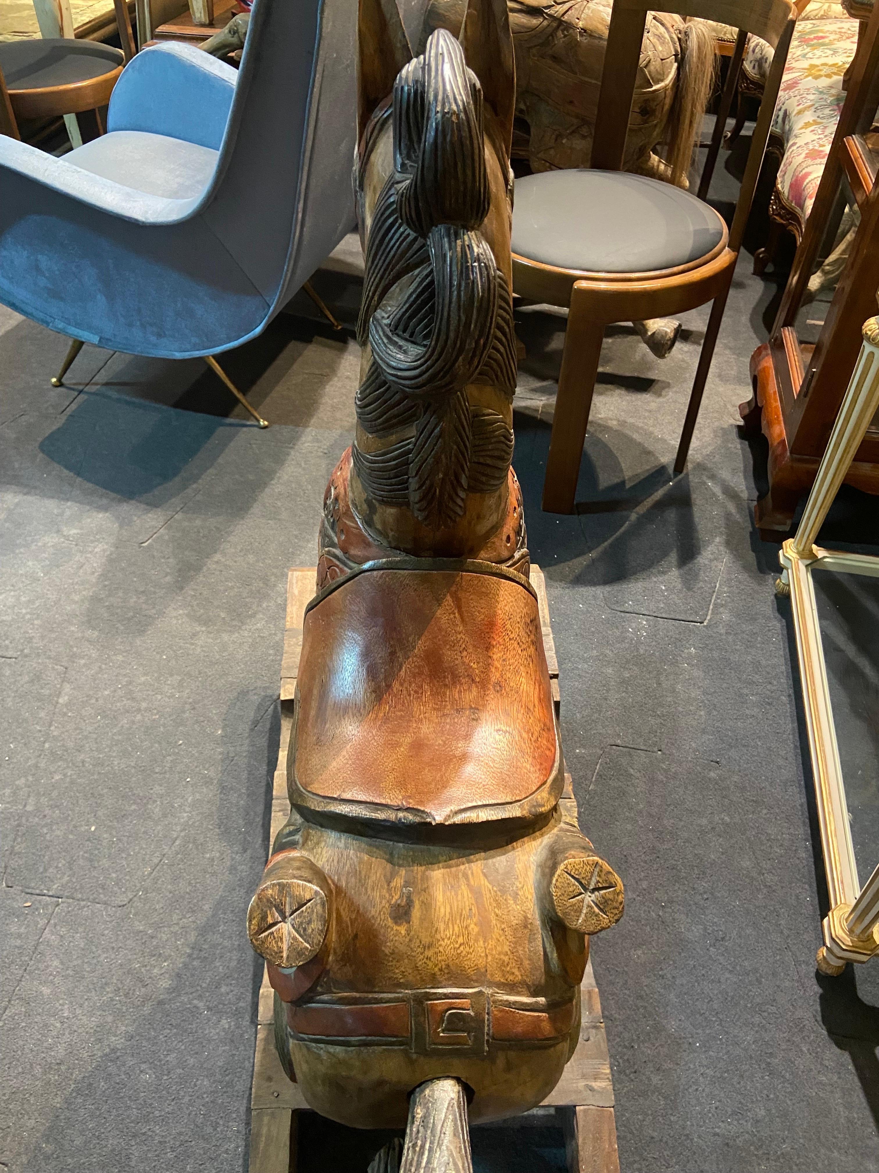 Hand-Carved 20th Century Belgium Wooden Hand Carved and Hand Painted Child's Rocking Horse For Sale