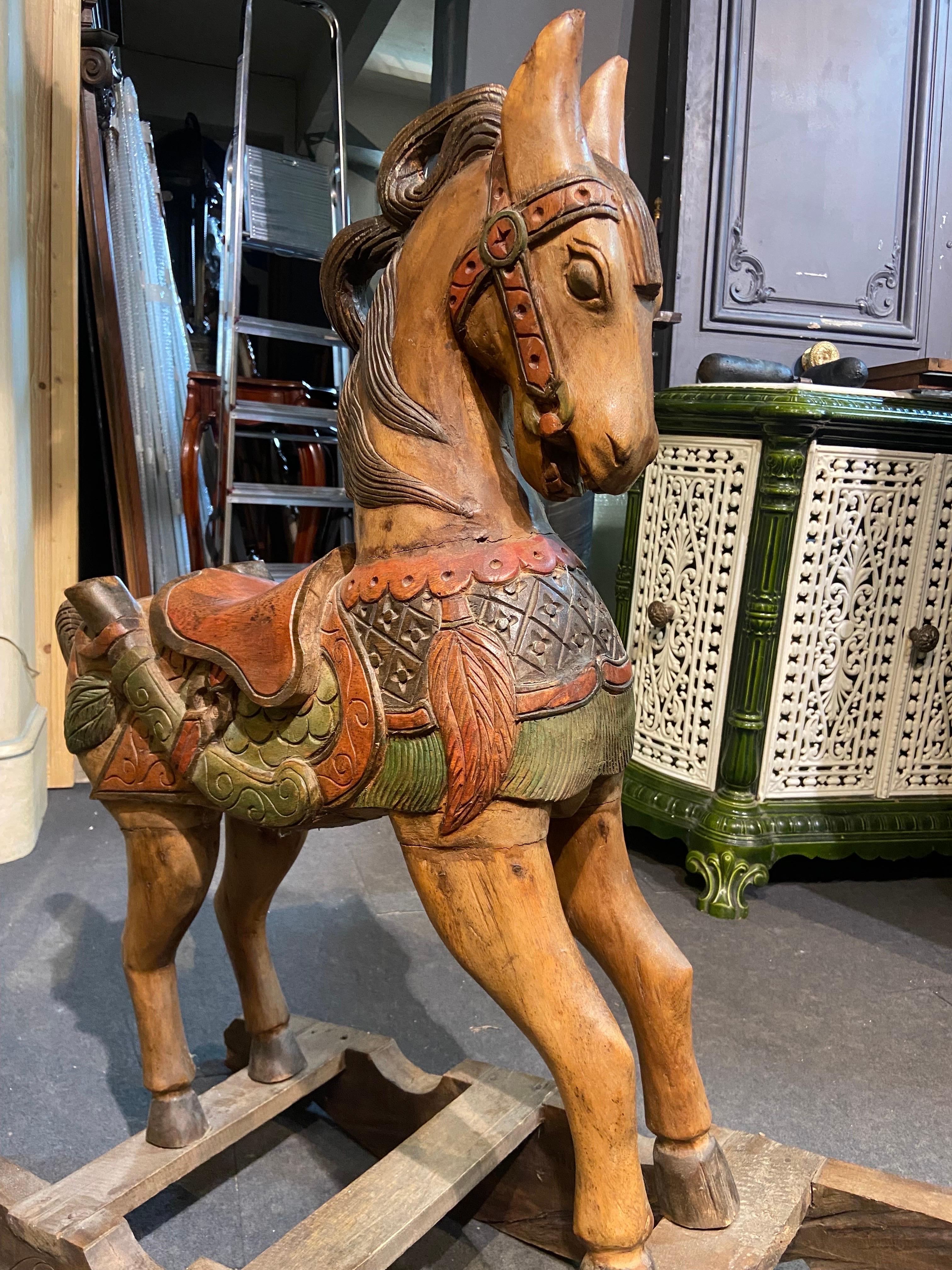 20th Century Belgium Wooden Hand Carved and Hand Painted Child's Rocking Horse For Sale 1