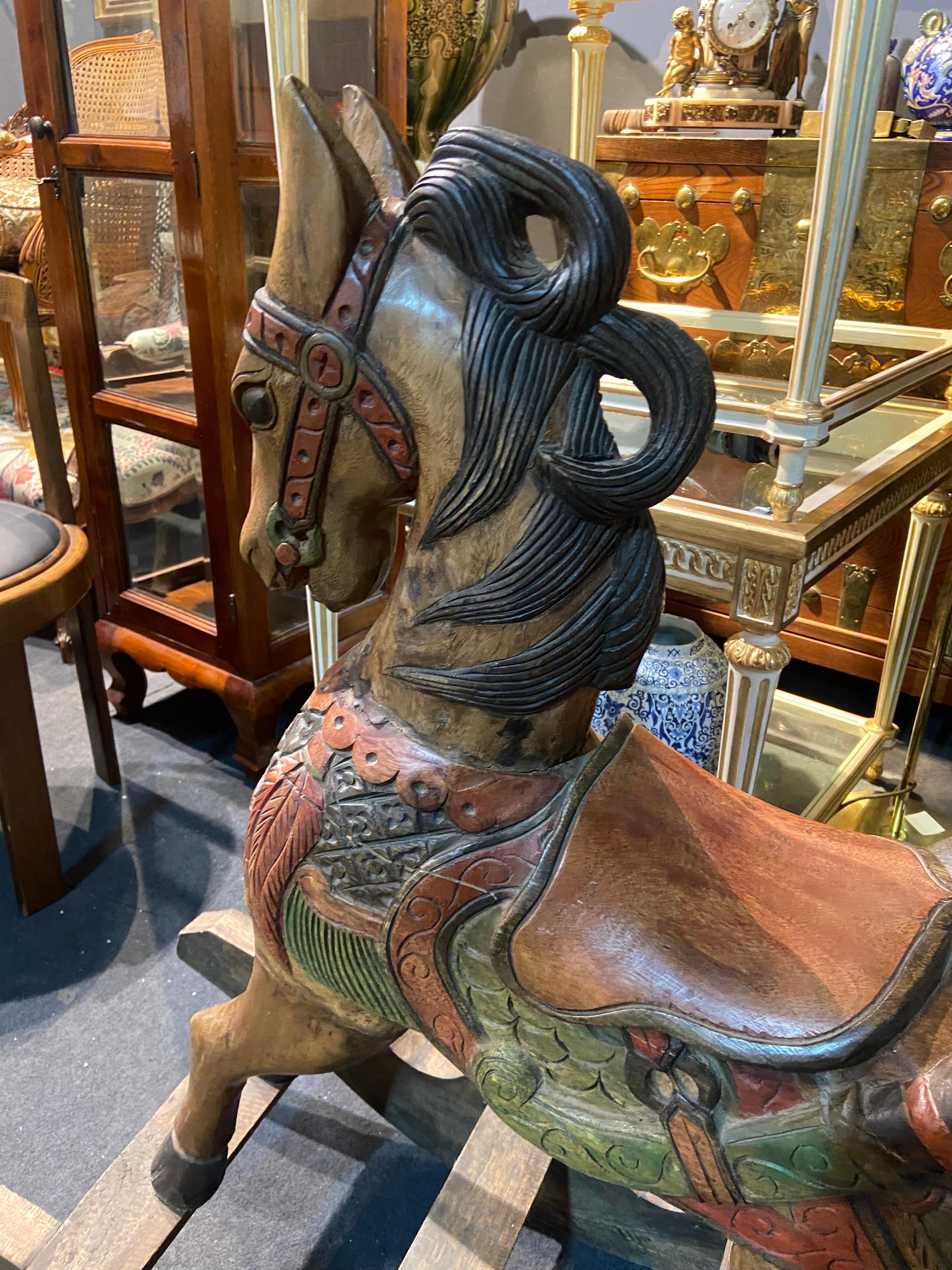 20th Century Belgium Wooden Hand Carved and Hand Painted Child's Rocking Horse For Sale 3
