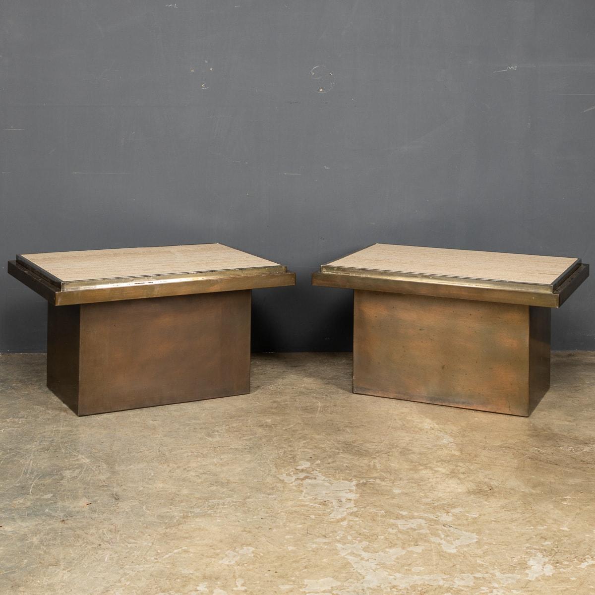 A stunning pair of end tables with Italian travertine marble tops framed in chrome on a bronze base made to the highest standard by Belgo Chrome.

CONDITION
In great condition - no damage.

SIZE
Height: 41cm
Width: 75cm
Depth: 55cm