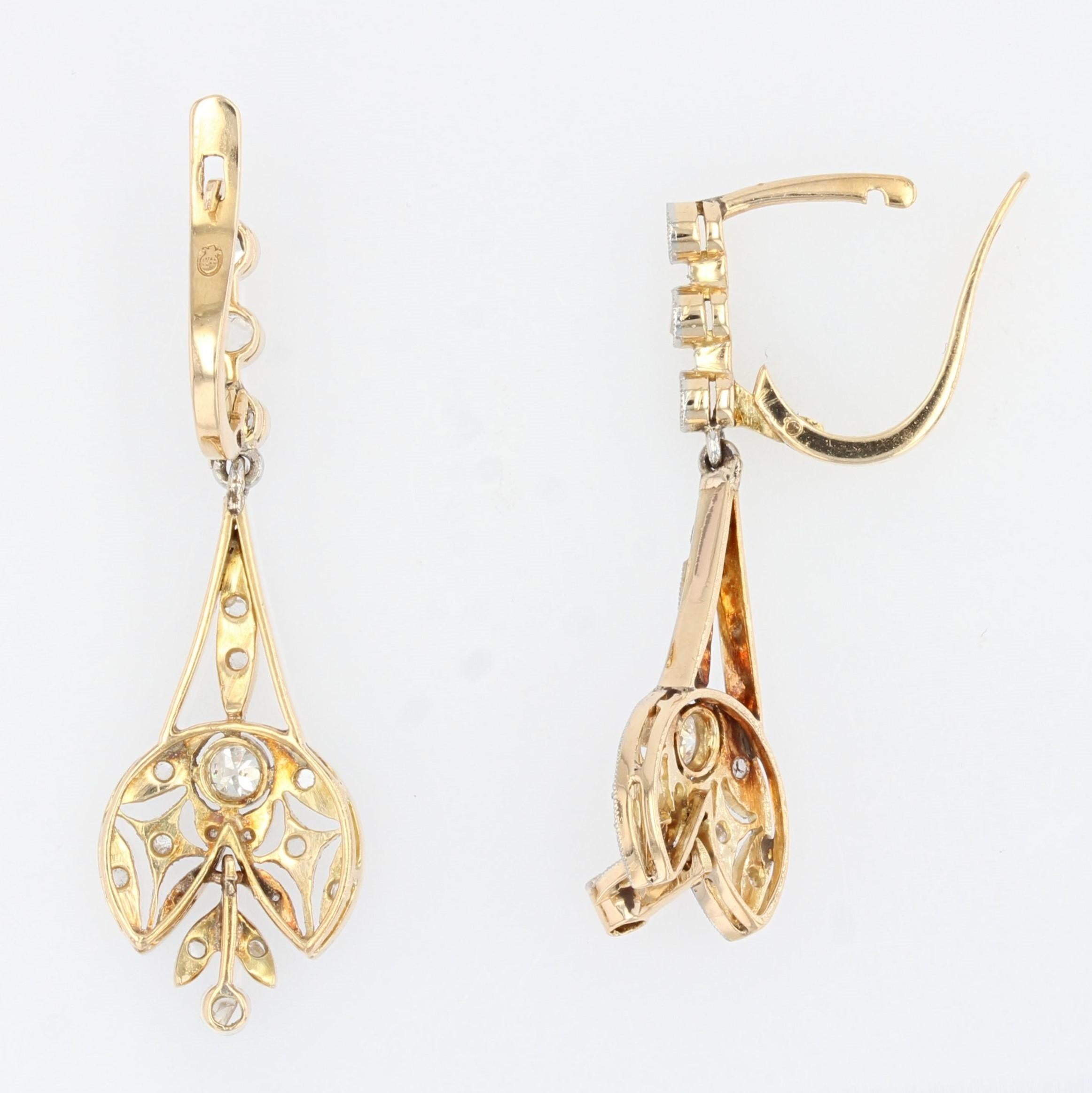 Rose Cut 20th Century Belle Epoque Diamonds 18 Karat White Yellow Gold Dangle Earrings For Sale