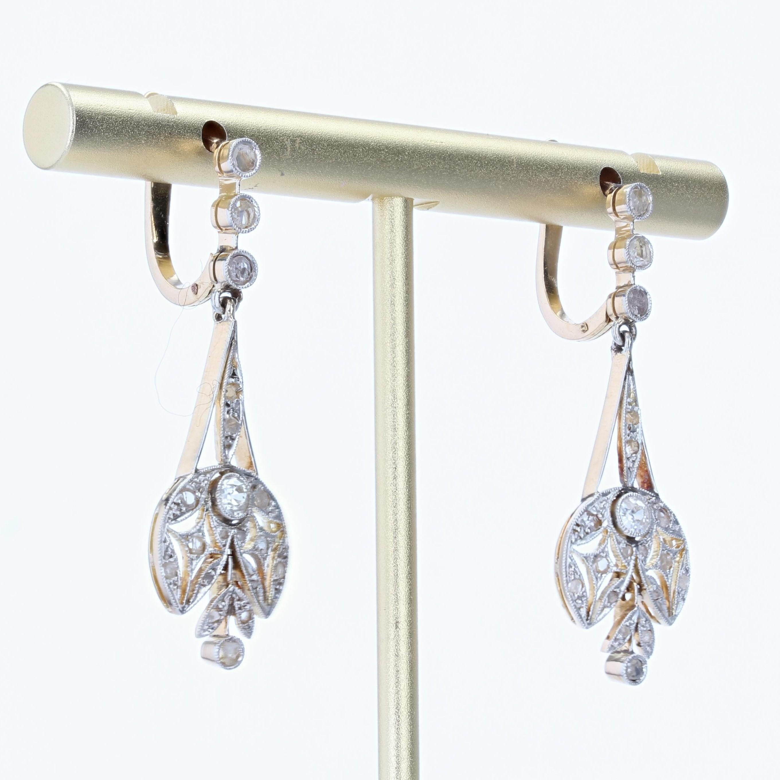 20th Century Belle Epoque Diamonds 18 Karat White Yellow Gold Dangle Earrings For Sale 3