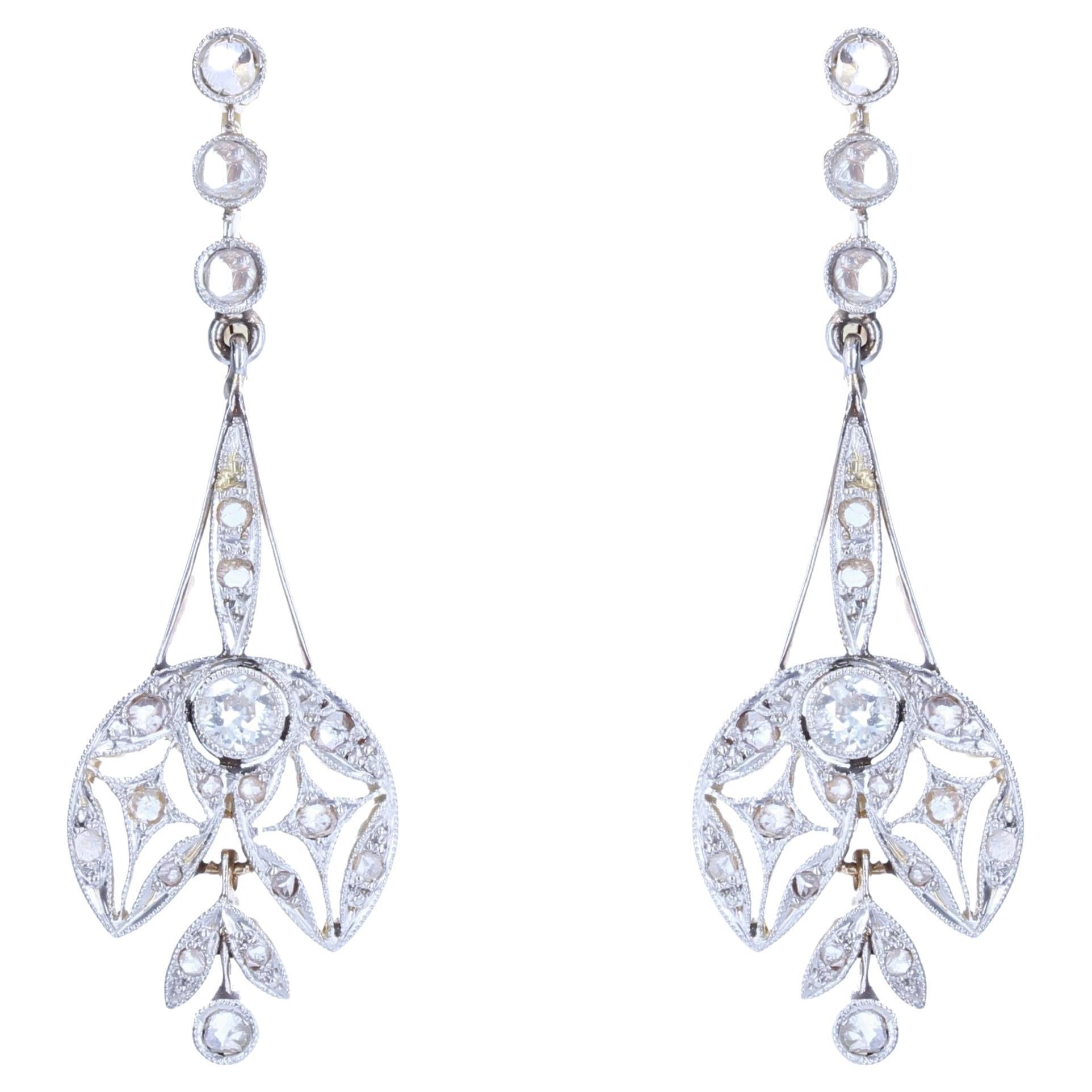 20th Century Belle Epoque Diamonds 18 Karat White Yellow Gold Dangle Earrings For Sale