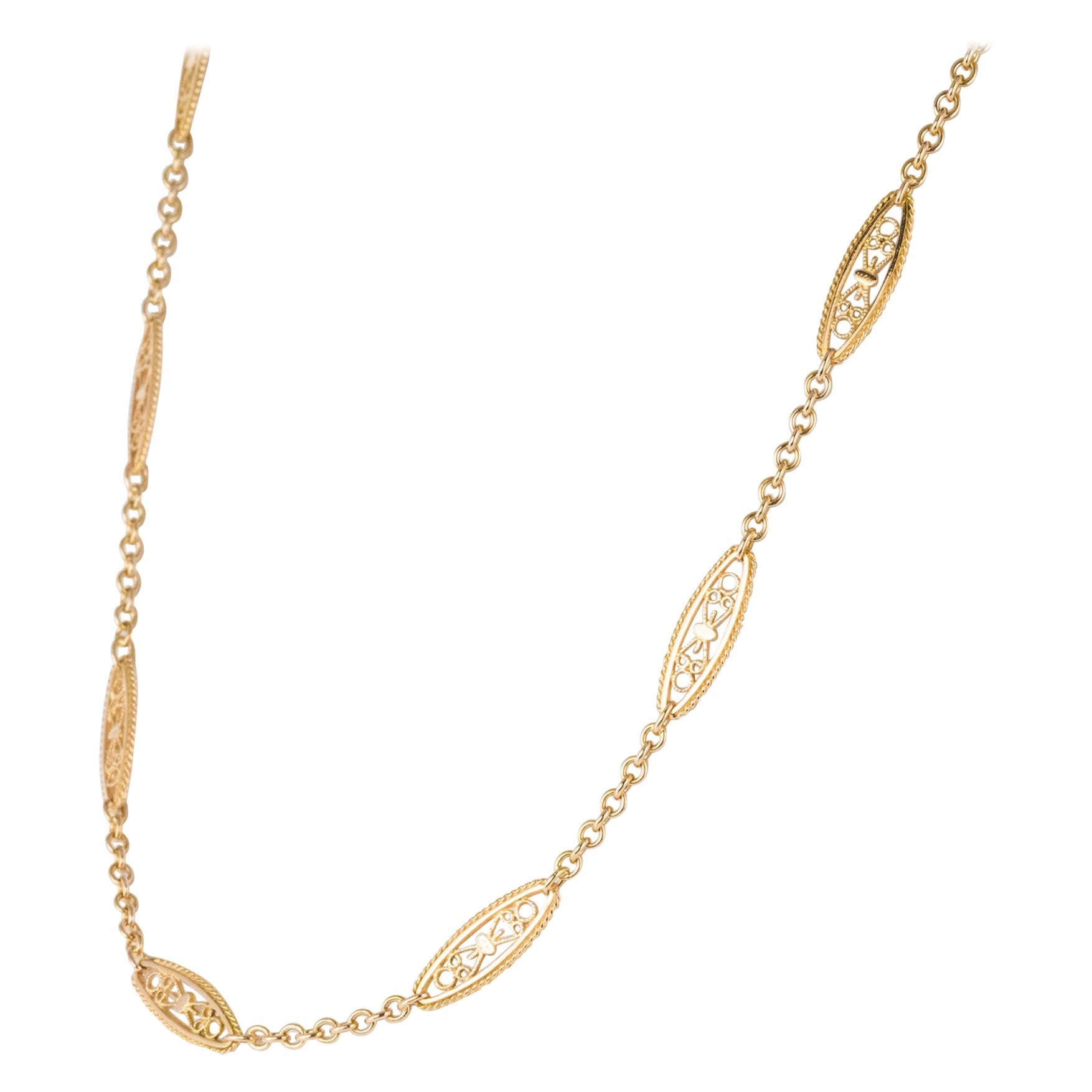 20th Century Belle Epoque Rose Gold Filigree Long Necklace