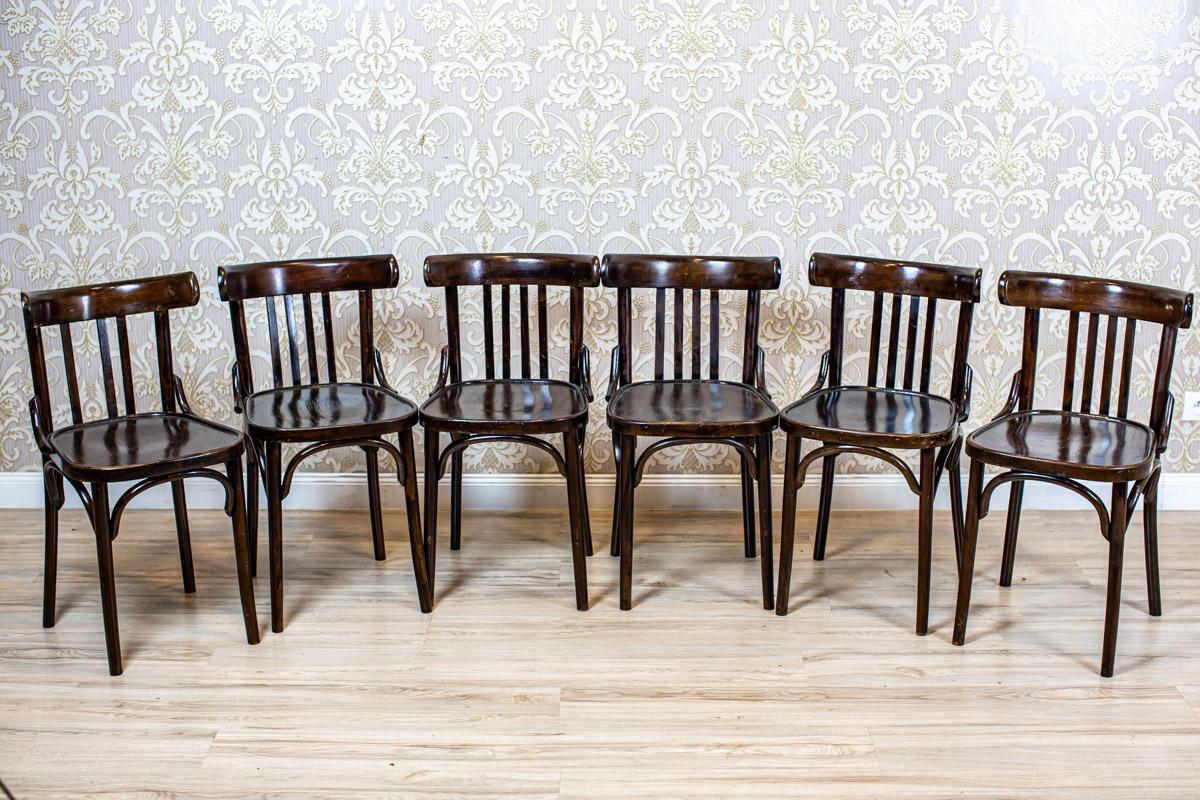 20th-century bentwood beech chairs in the thonet type in dark brown

We present you a set of six bent beech wood chairs from Q1 of the 20th century.
These chairs were probably made in one of the Thonet manufactories, but there is no signature to