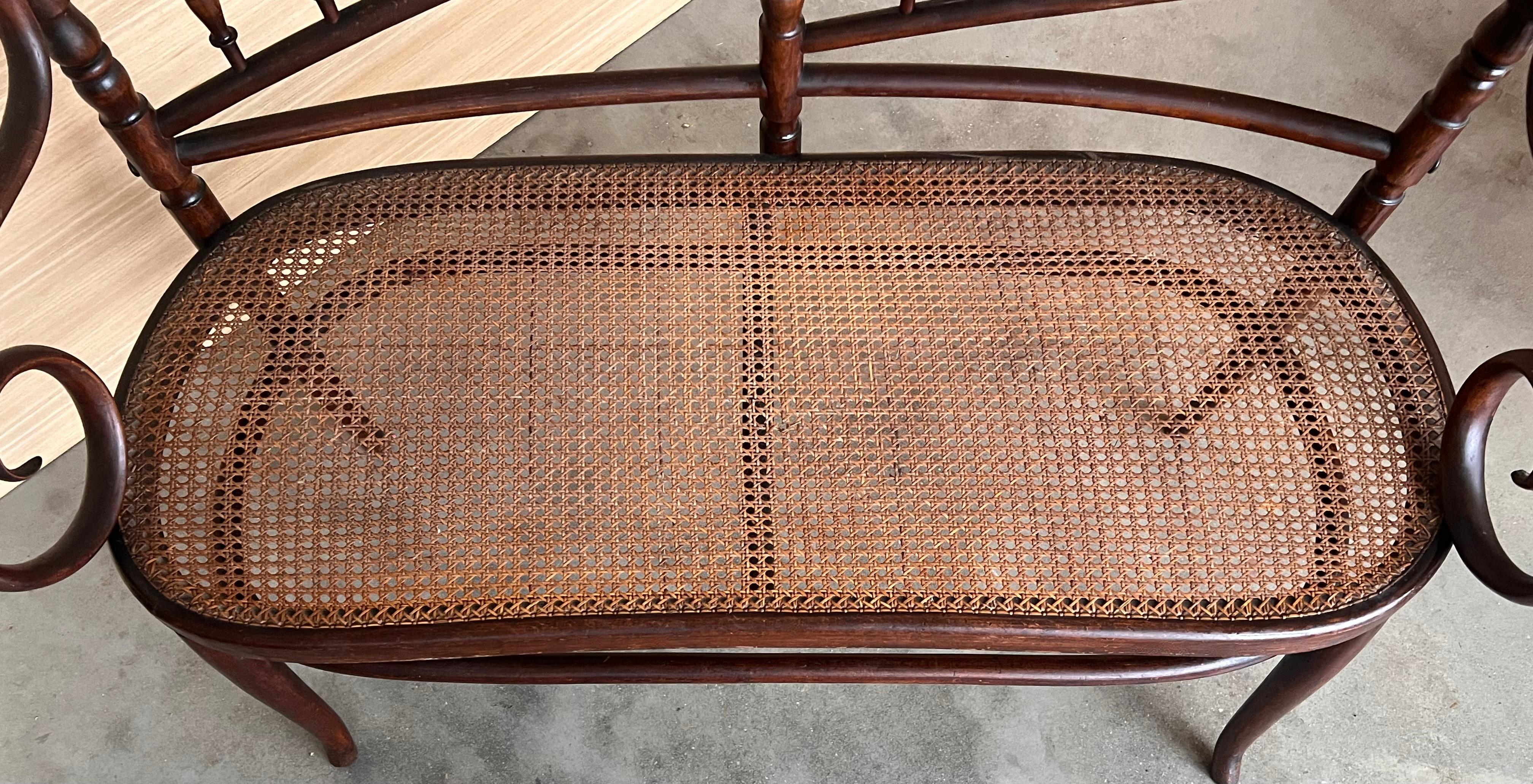 Divano in legno curvato del XX secolo in stile Thonet, circa 1925, con sedile in canne in vendita 3