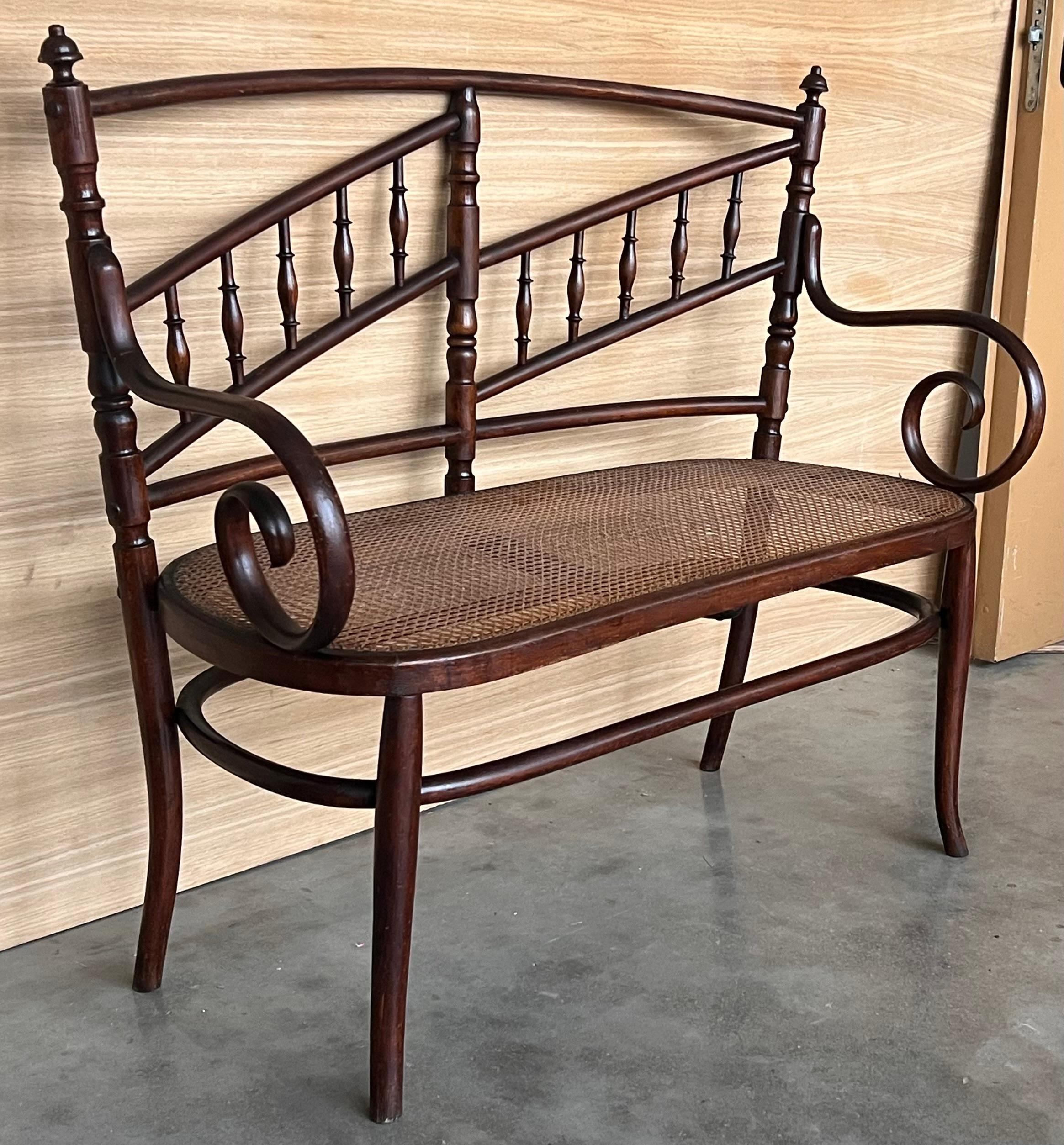 Canna Divano in legno curvato del XX secolo in stile Thonet, circa 1925, con sedile in canne in vendita