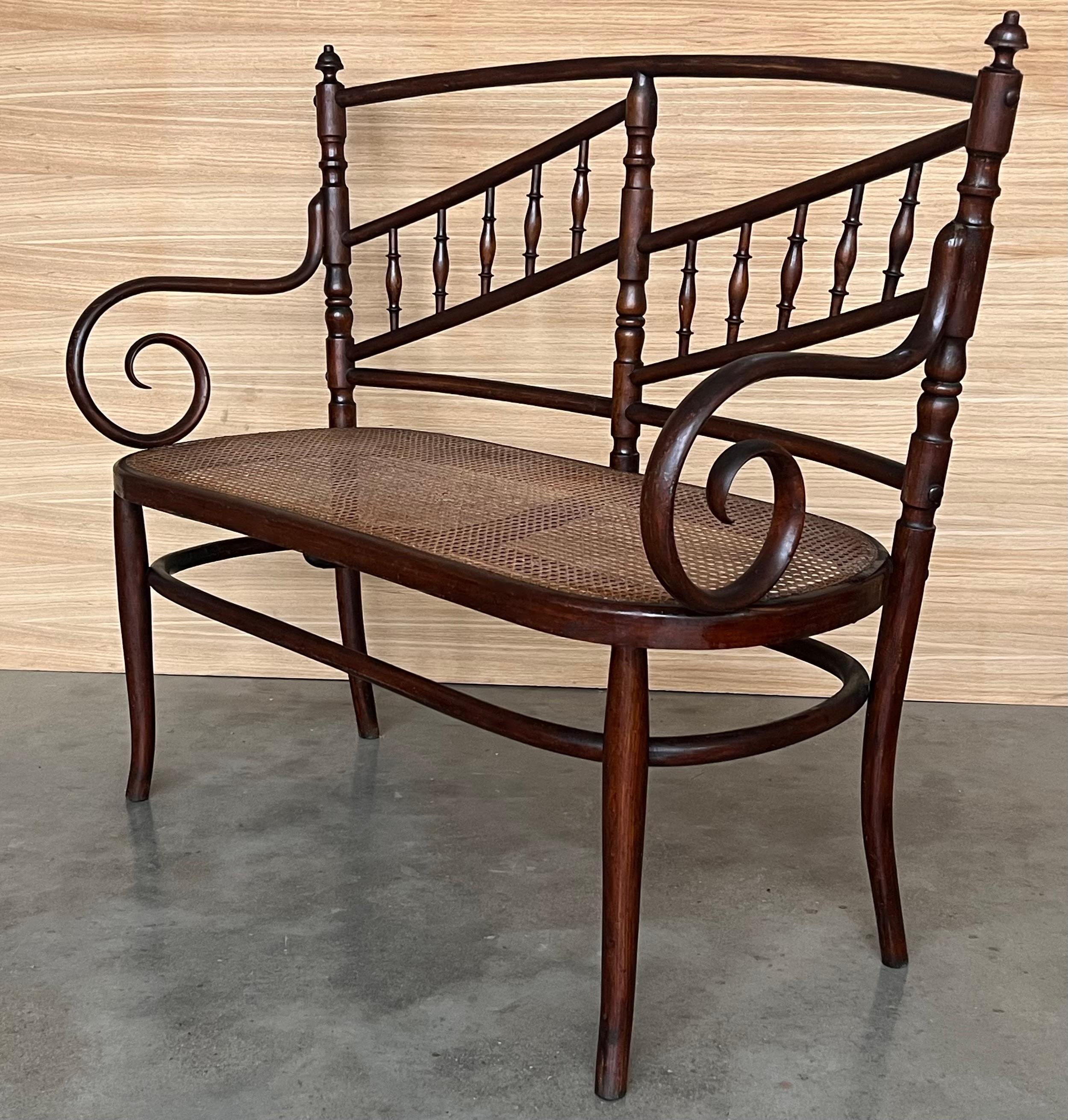 Divano in legno curvato del XX secolo in stile Thonet, circa 1925, con sedile in canne in vendita 1