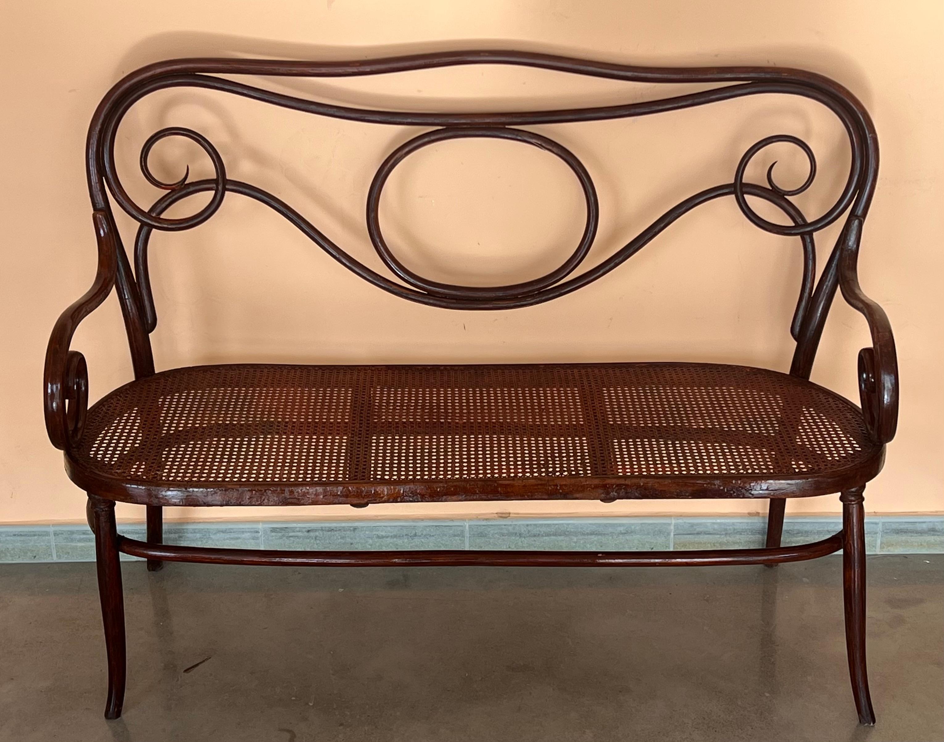 Spanish 20th Century Bentwood Sofa signed by Fischel, circa 1900, Caned Seat