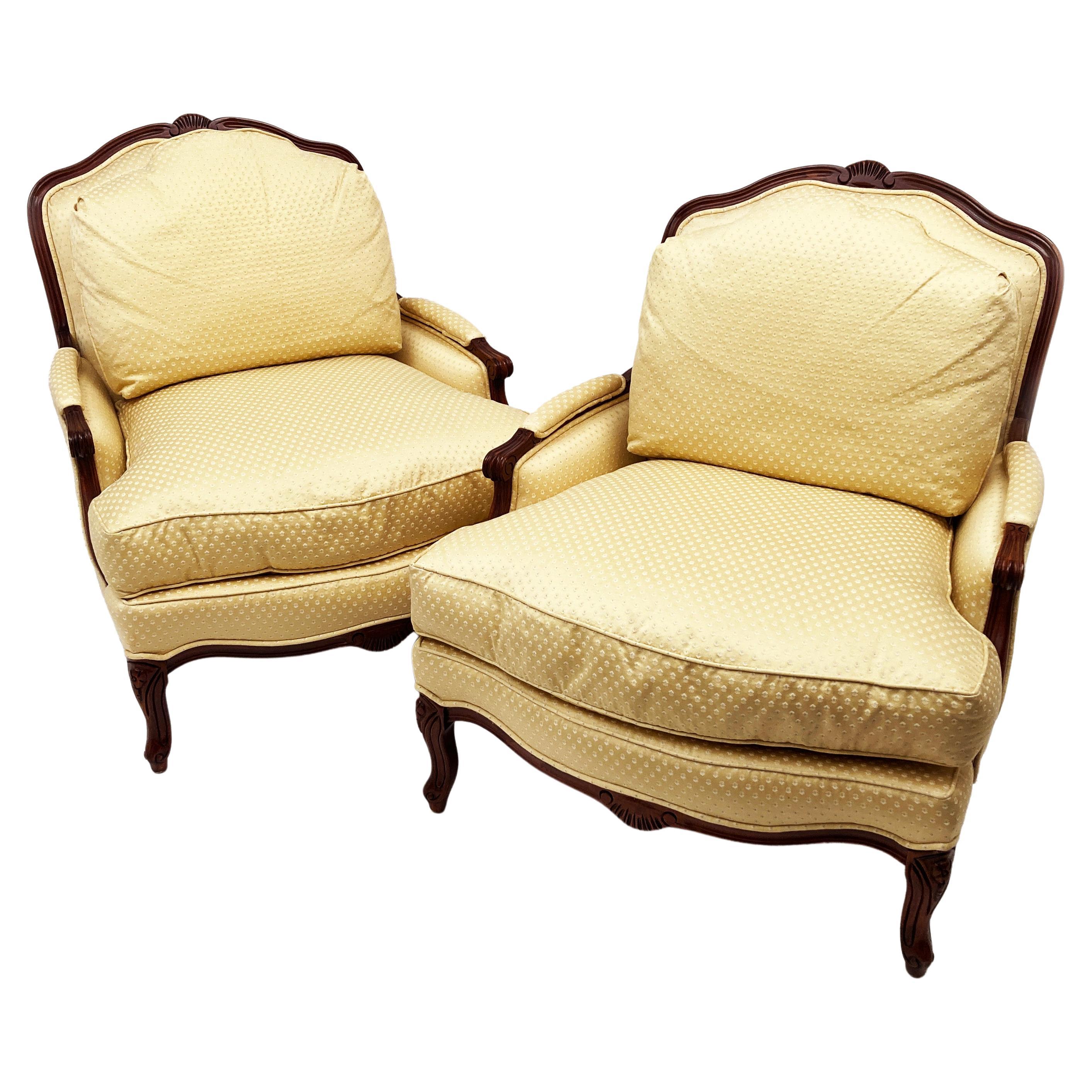 20th Century Bergere French Provincial Mahogany Upholstered Chairs - a Pair