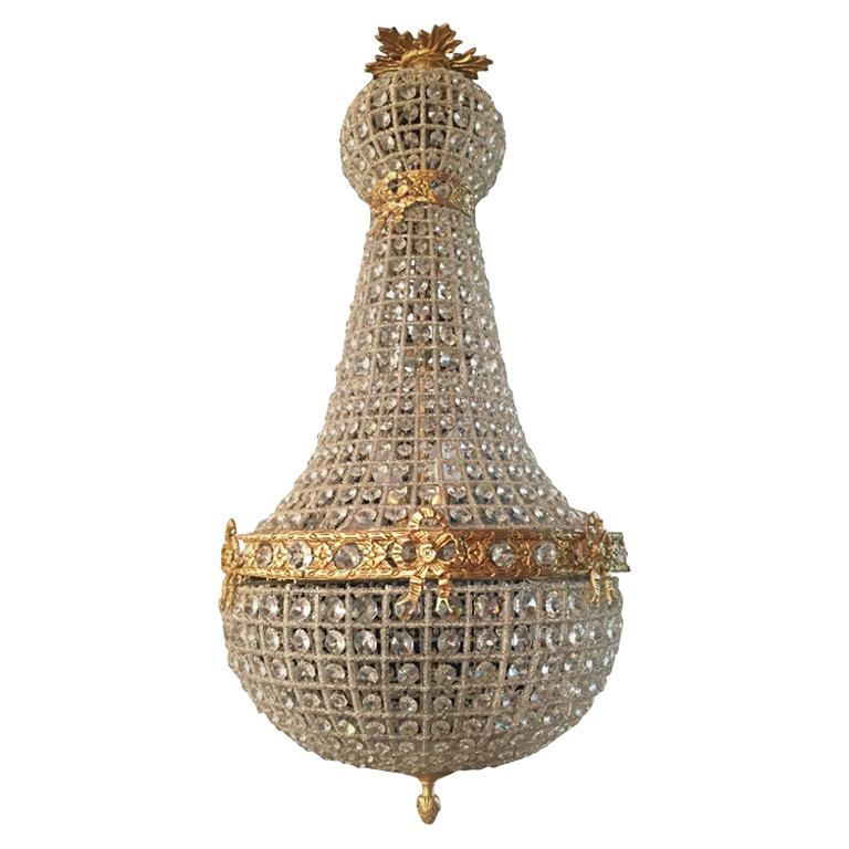 Antiquités du 20e siècle, style Biedermeier, chandelier à panier, cristal, laiton émaillé