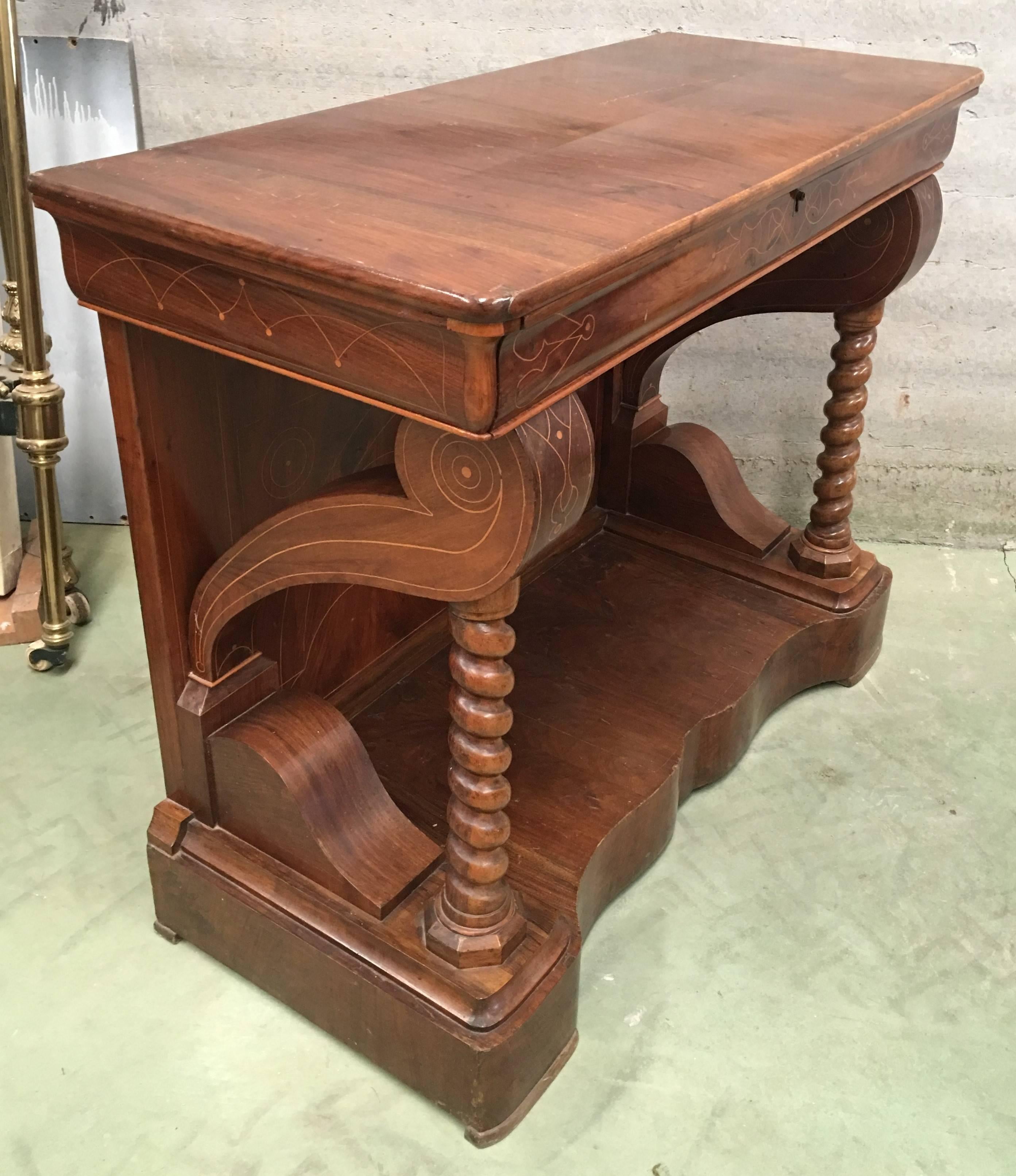 20th Century Biedermeier Style Marquetry Spanish Console Table with Drawer In Excellent Condition For Sale In Miami, FL
