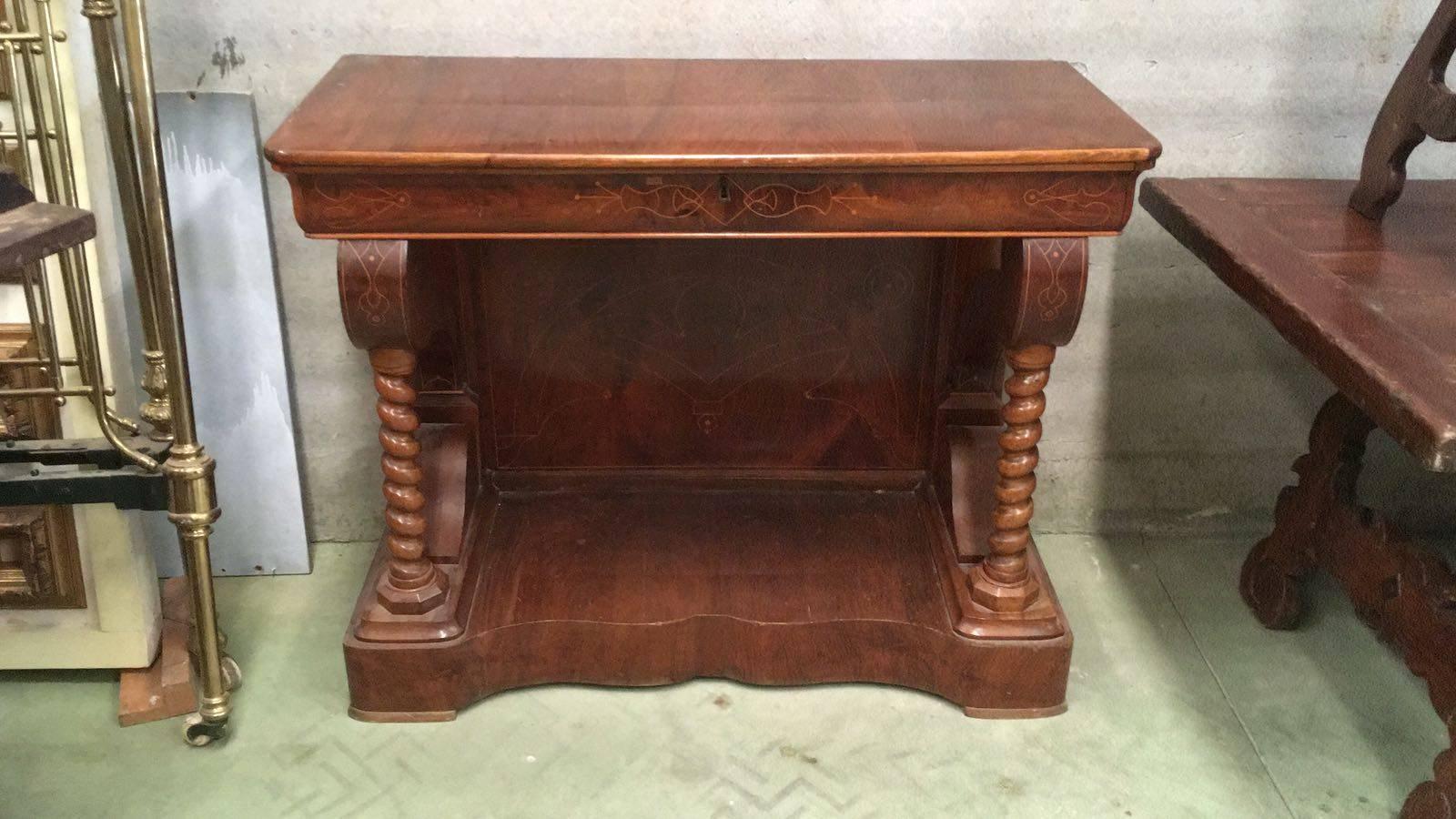 20th Century Biedermeier Style Marquetry Spanish Console Table with Drawer For Sale 4