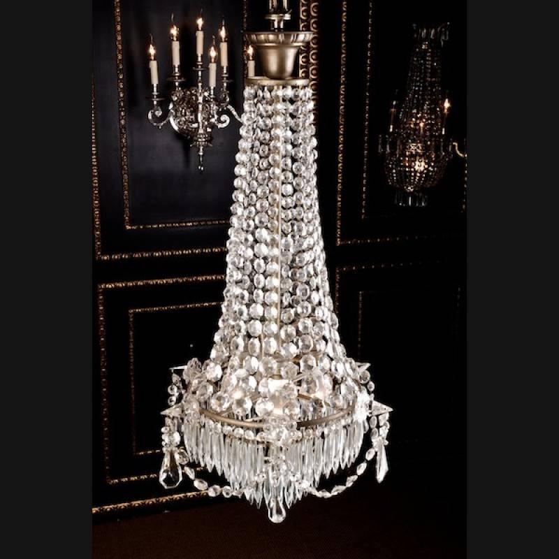 Classicist antique ceiling chandeliers in the Biedermeier style, circa 1900.
Nickel-plated brass. Baluster-shaped corpus of hand-wired, faceted glass cords. Below the hoarfrost, of which richly rich drapery of bar-shaped prisms in the course.