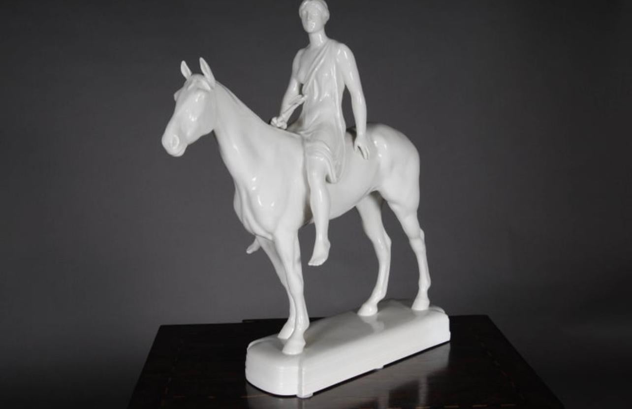 Porcelain 20th Century Big KPM Berlin  Louis Tuaillon  Sculpture Figure Amazoness on Horse For Sale
