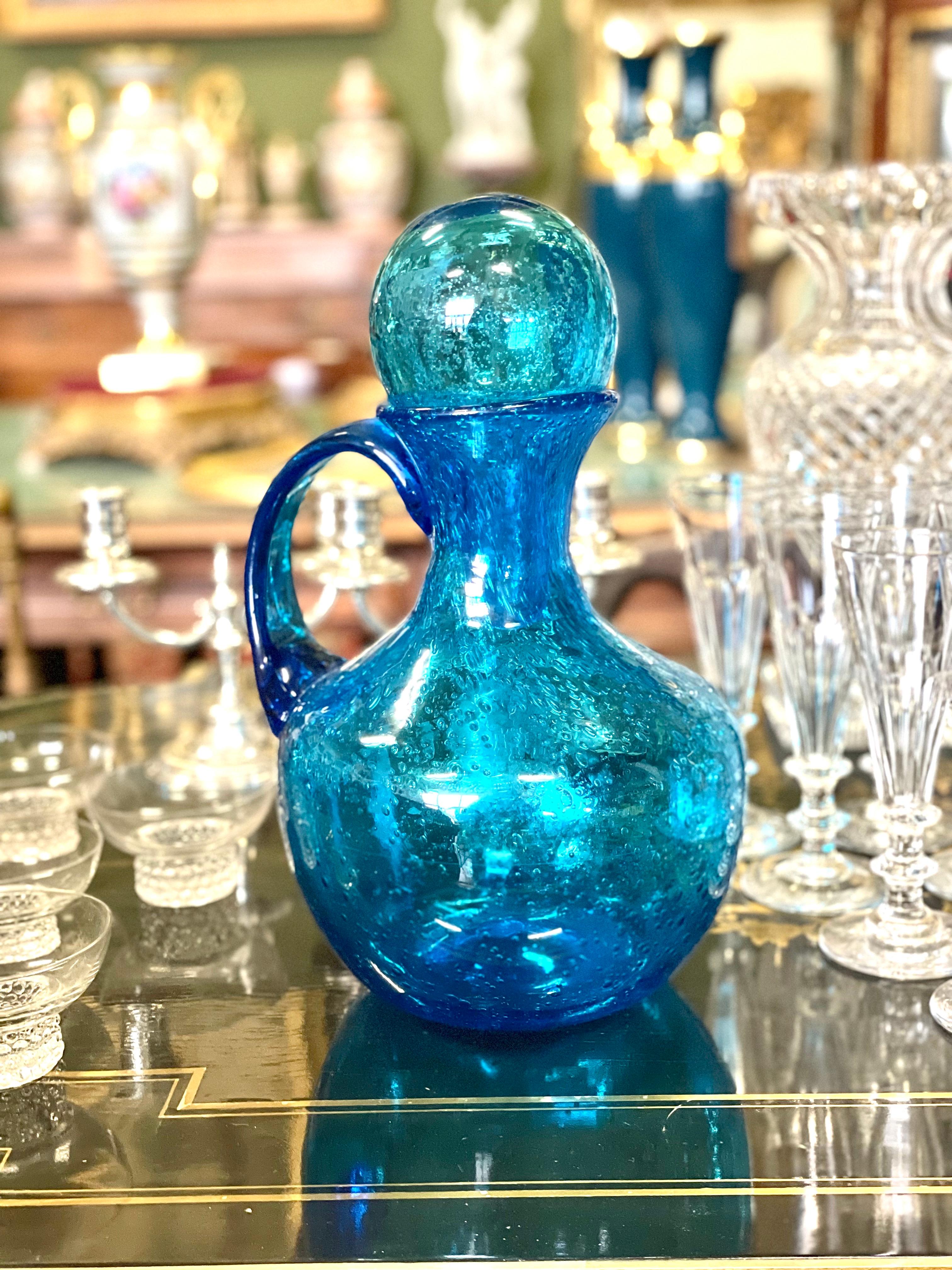 20th Century Biot Style Large Blue Bubble Glass Carafe with Stopper For Sale 8