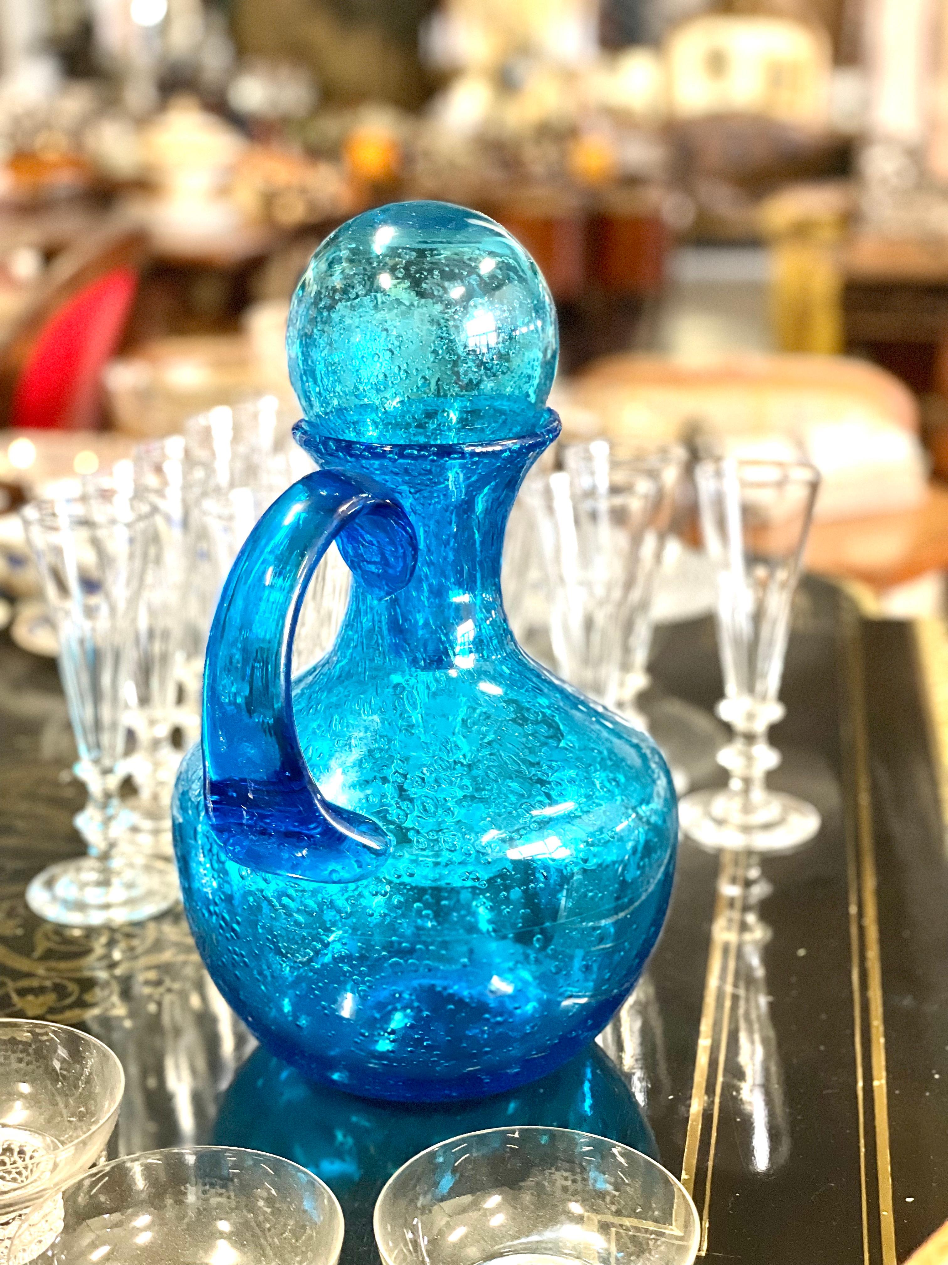 20th Century Biot Style Large Blue Bubble Glass Carafe with Stopper For Sale 9