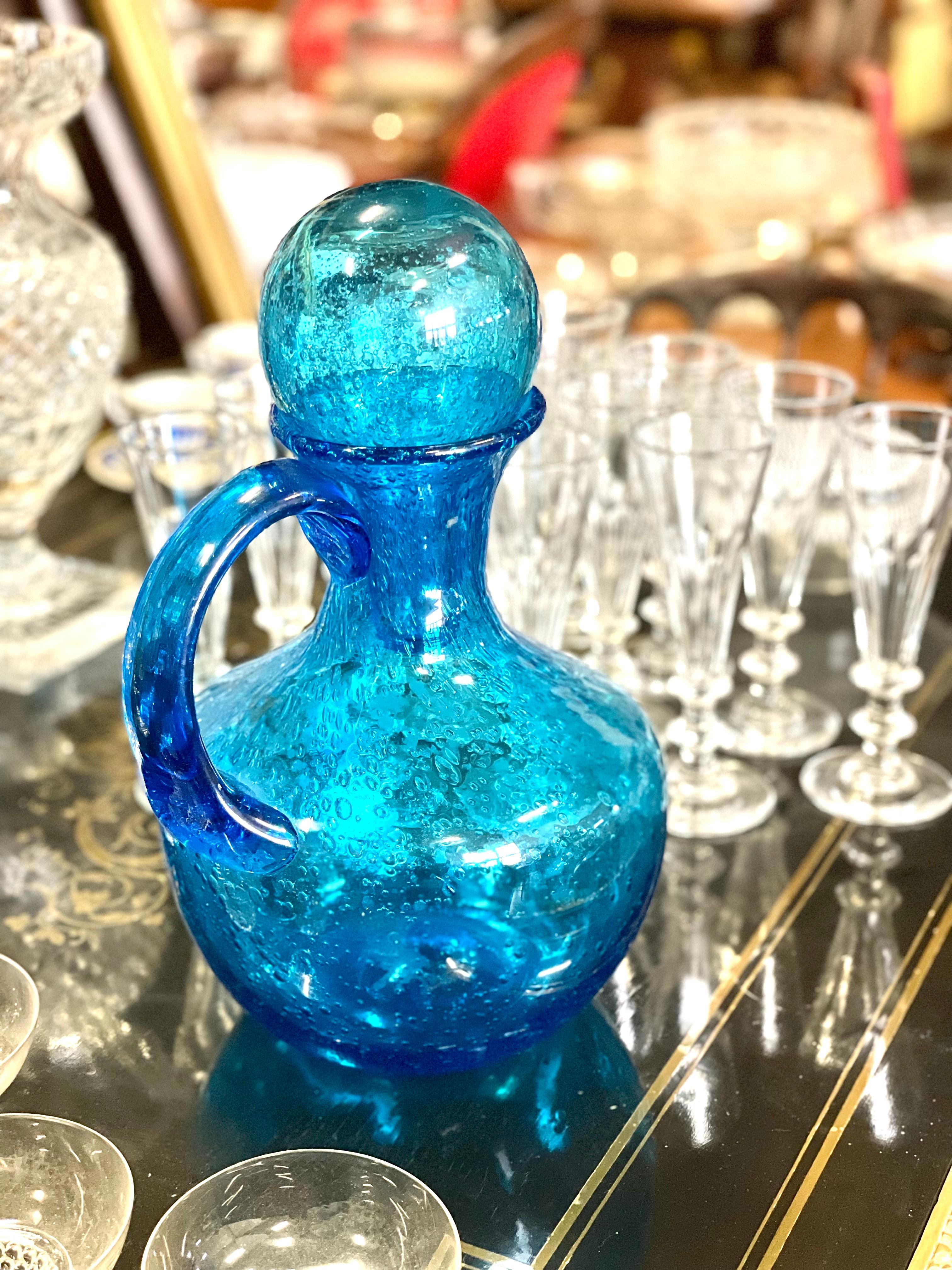 20th Century Biot Style Large Blue Bubble Glass Carafe with Stopper For Sale 10
