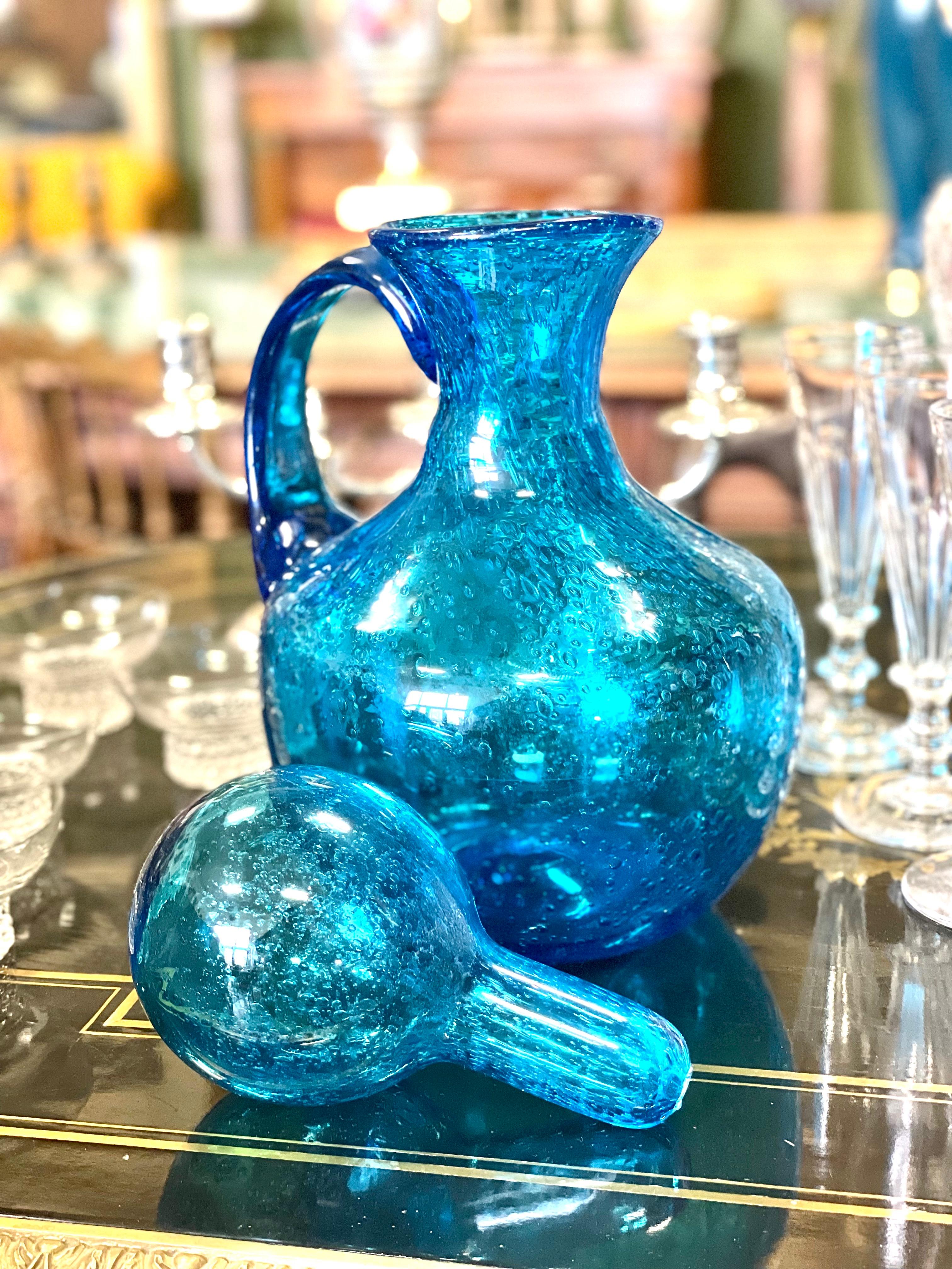 20th Century Biot Style Large Blue Bubble Glass Carafe with Stopper For Sale 11