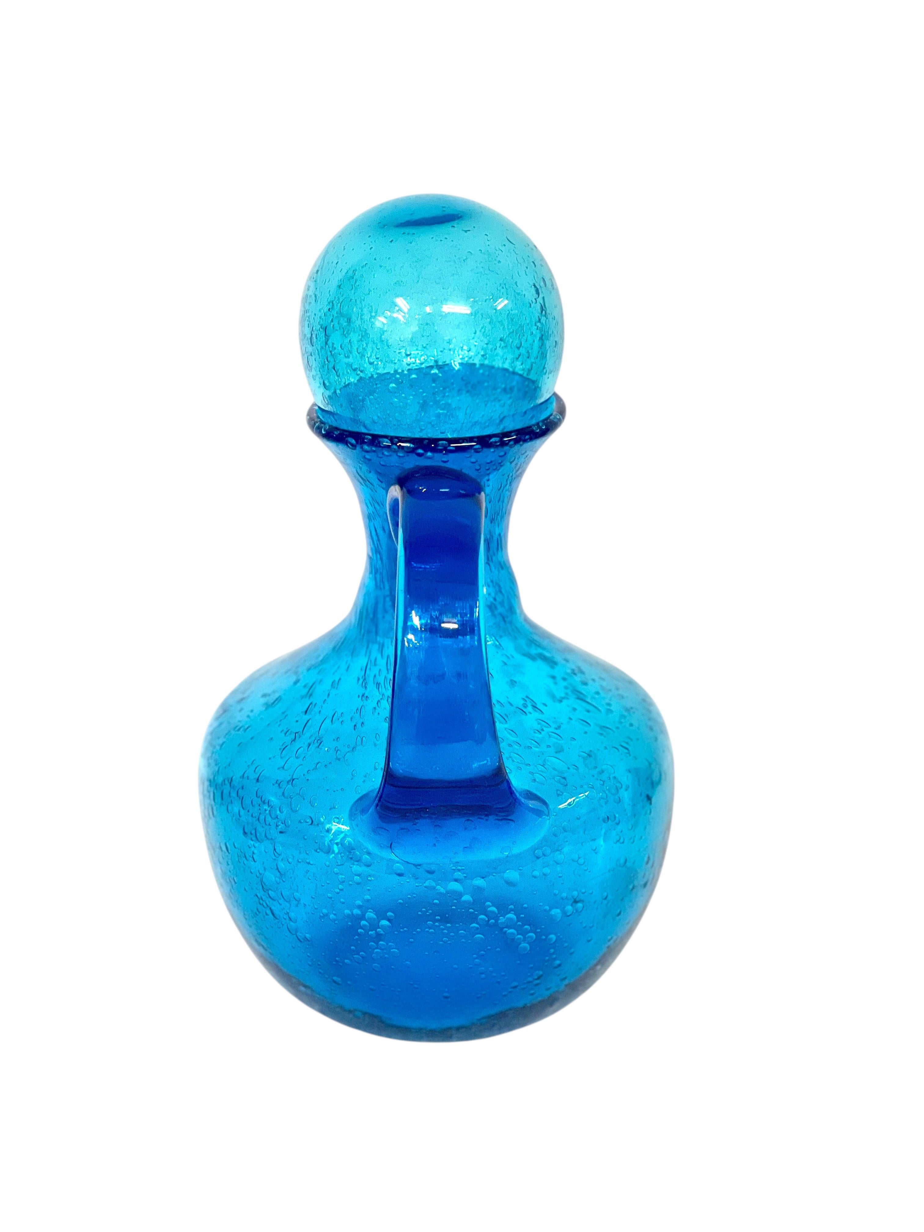 French 20th Century Biot Style Large Blue Bubble Glass Carafe with Stopper For Sale