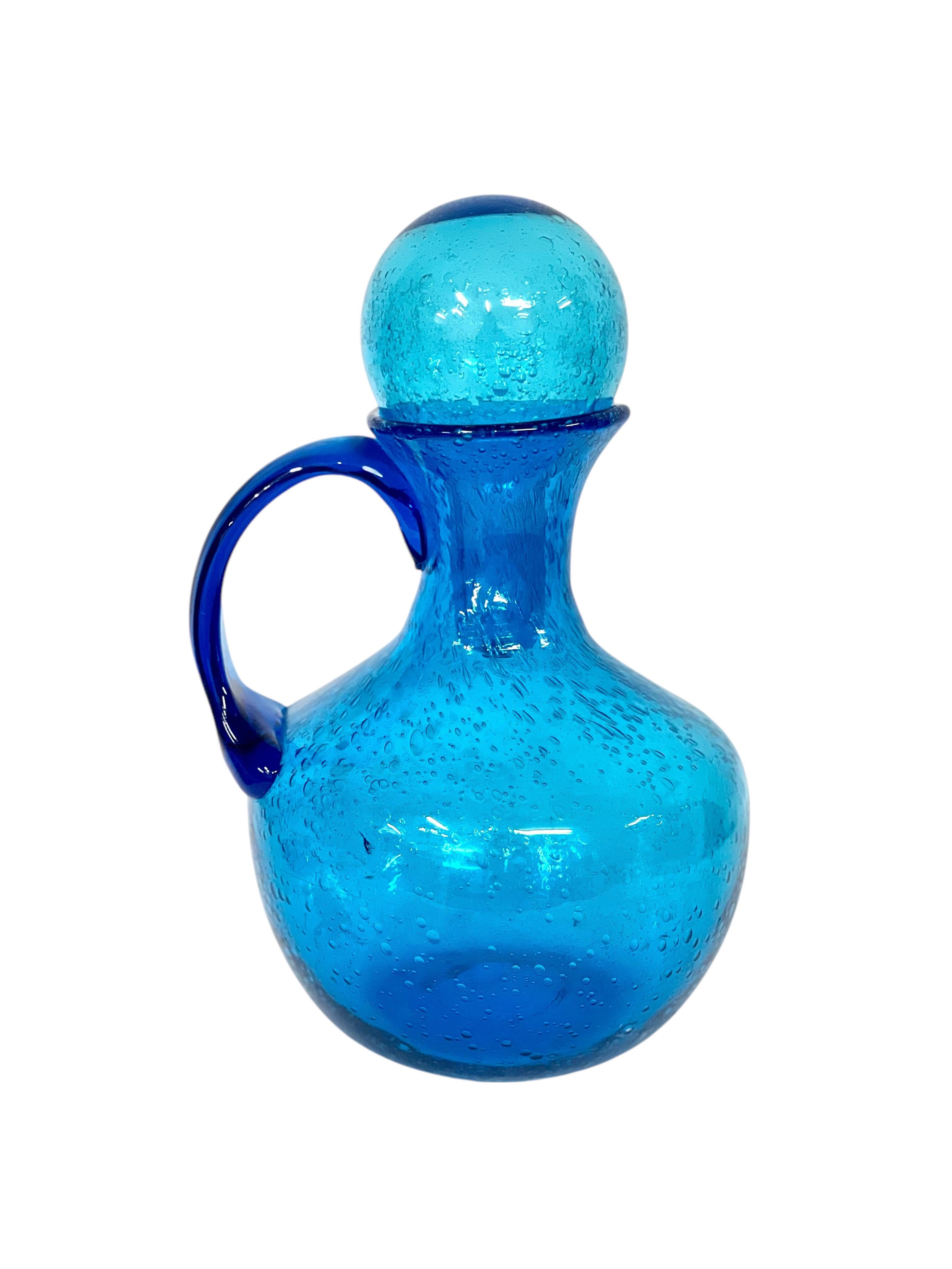 Blown Glass 20th Century Biot Style Large Blue Bubble Glass Carafe with Stopper For Sale