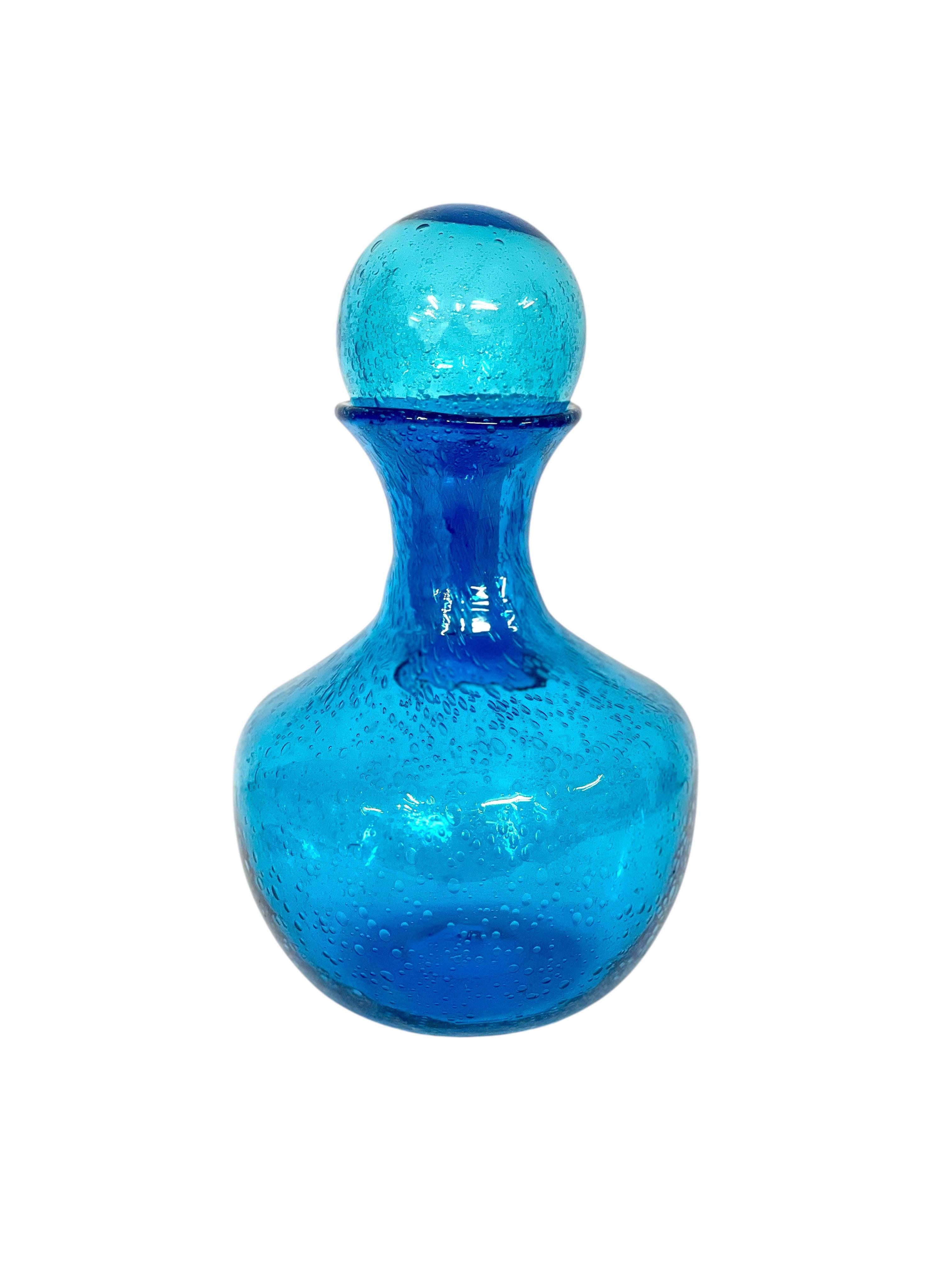 20th Century Biot Style Large Blue Bubble Glass Carafe with Stopper For Sale 1