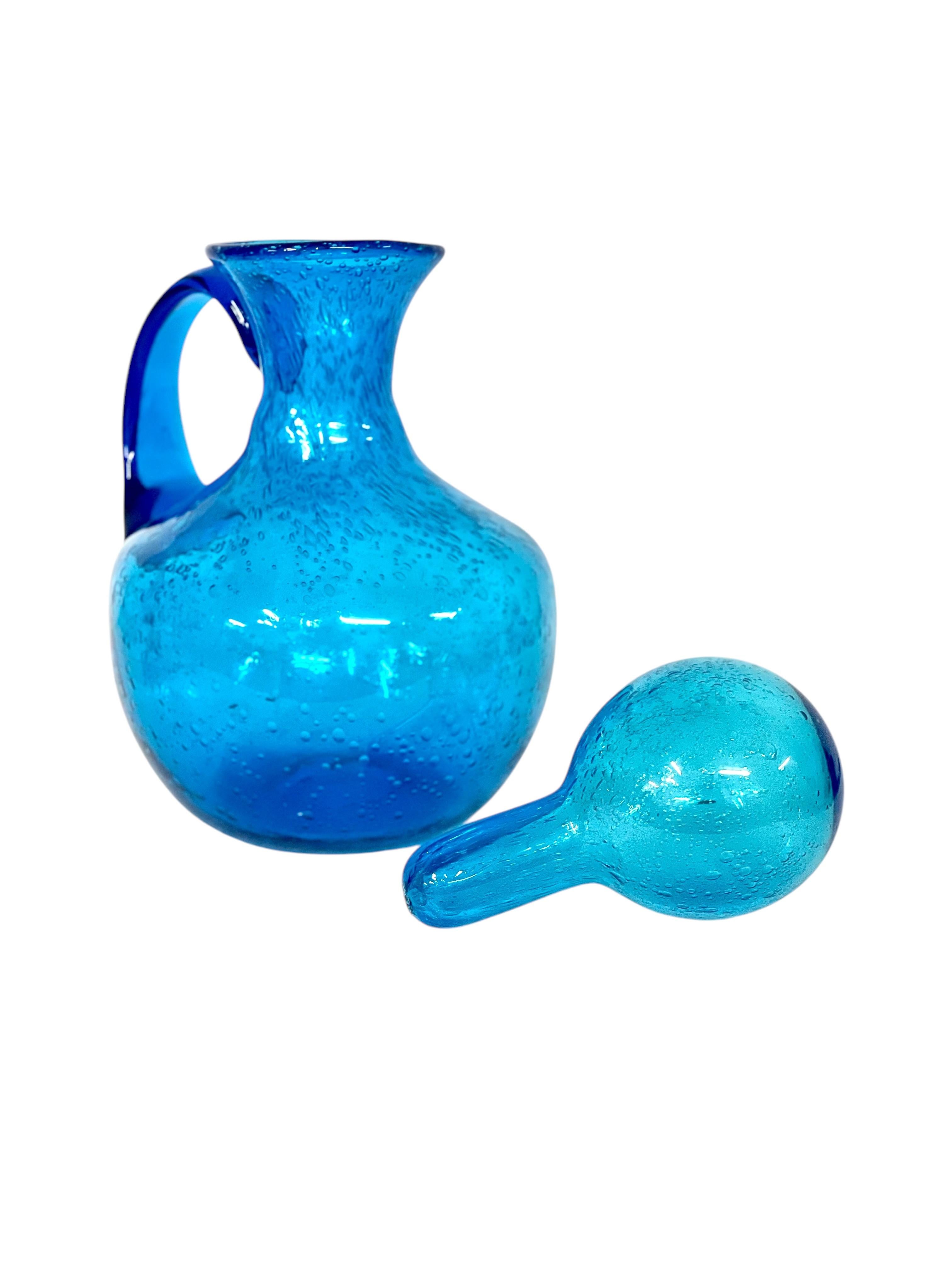 20th Century Biot Style Large Blue Bubble Glass Carafe with Stopper For Sale 2