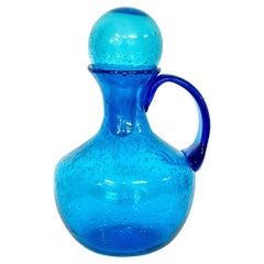 20th Century Biot Style Large Blue Bubble Glass Carafe with Stopper
