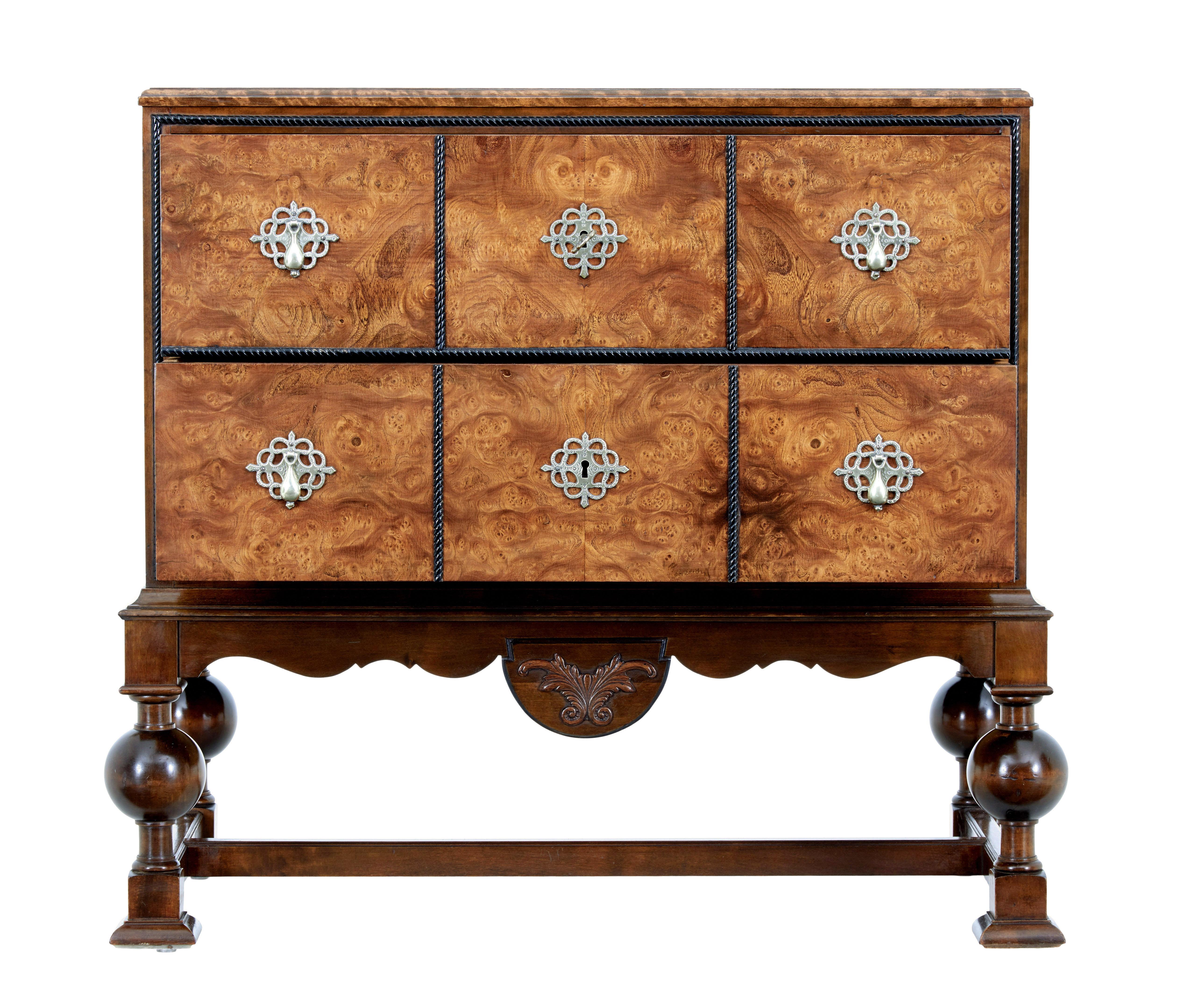 Mid 20th century birch and burr chest of drawers by Carl Malmsten circa 1940.

Here we present a known design designed by Carl Malmsten.

Dark stained birch carcass, with 2 drawers richly veneered in burr birch, decorated in ebonised beading and