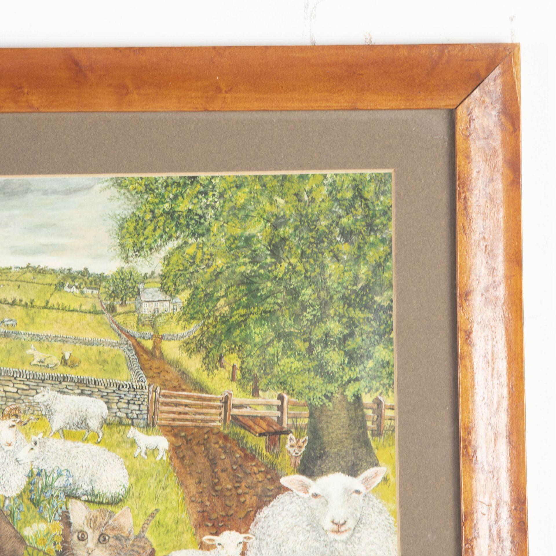 Toile 20e siècle Oiseaux et animaux dans un cadre en érable en vente