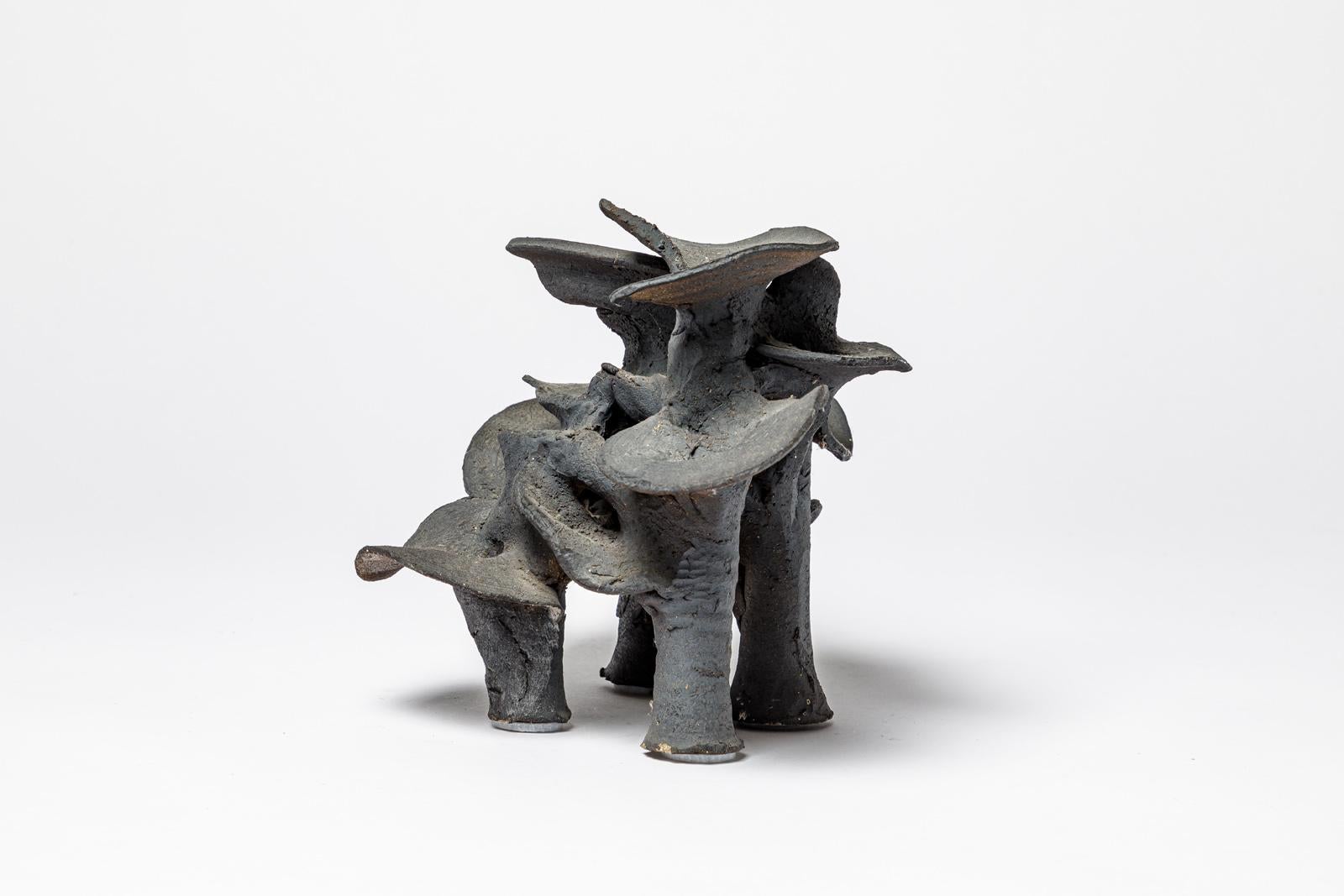 Mid-Century Modern 20th century Black abstract ceramic sculpture by Joelle Deroubaix La Borne 1980 For Sale